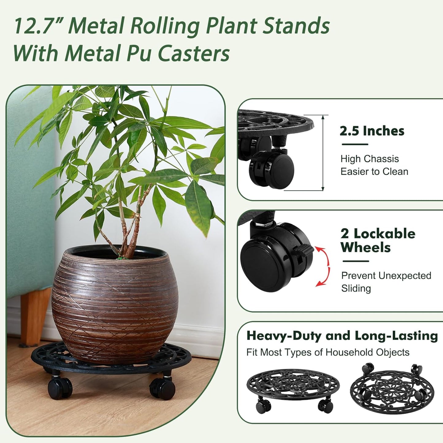 2 Packs Rolling Plant Stand with Wheels Metal Plant Caddy with Wheels Heavy Duty 13'' Round Plant Stand Indoor Iron Plants Rollers for Plants, Plant Dolly with Plant Saucers