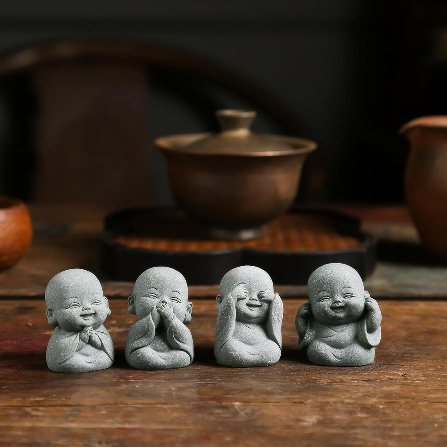 4-in-1 Buddha Statue Set for Spiritual, Feng Shui, Zen and Indoor/Outdoor Decor - Cute Buddha Statue for Home, Aquarium and Asian Garden Decor. with Amulet