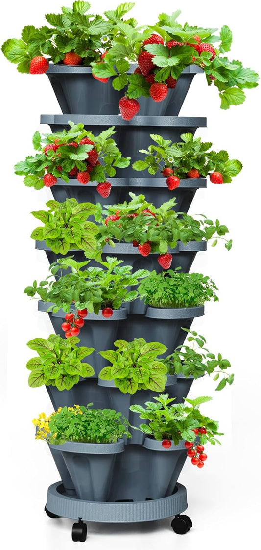 Strawberry Vertical Planter Tower Garden, 7 Tiered Stackable Planter Herb Garden Planter with Movable Casters and Bottom Saucer Indoor and Outdoor - Dark Grey