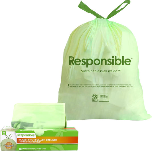Kitchen Bin Liners, Certified Compostable, Heavy Duty Multipurpose Food Scrap Bags, Made from Compostable Materials (13 Gallon Drawstring, 13 Gallon (10 Count))