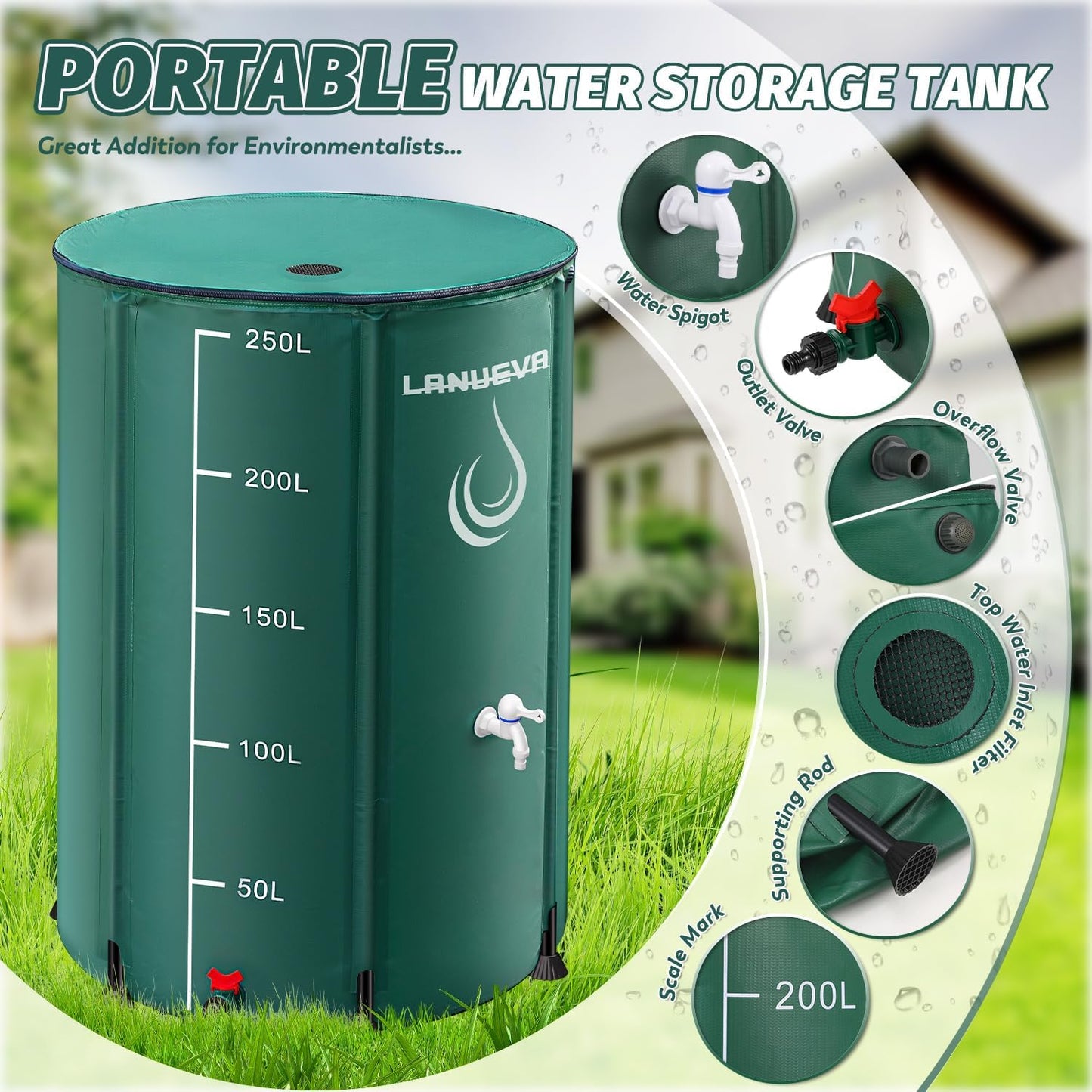 LANUEVA 66 Gallon Collapsible Rain Barrel, Rainwater Collection System with 2 Spigots, Overflow Kit and 2 Hoses, Portable Water Storage Tank with Scale Mark for Garden Plant Watering, Farm Irrigation