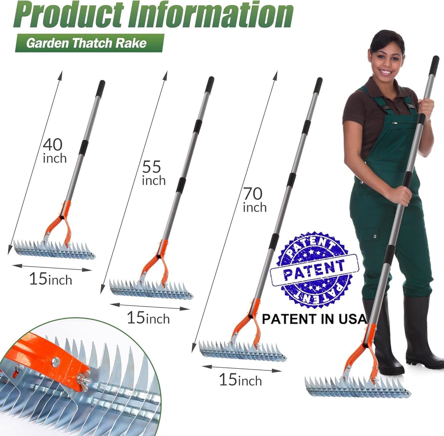 Walensee Thatch Rake, 15-Inch Lawn Thatching Rake, Robust Dethatcher Rake, Efficient Steel Metal Rake with Handle, Versatile Grass Grooming Rake for Cleaning Dead Grass, Yard Garden Durable Soil Rake