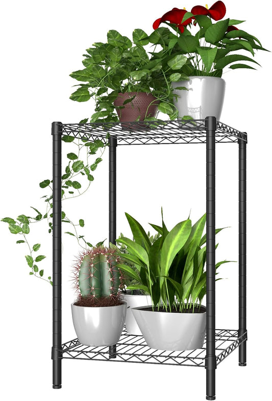 Xiofio 2 Tier Metal Plant Stand for Indoor and Outdoor Plant Shelf, Multi-Functional Adjustable Shelf Plant Stands Flower Stands With hanger rod for Living Room Balcony and Garden,Black