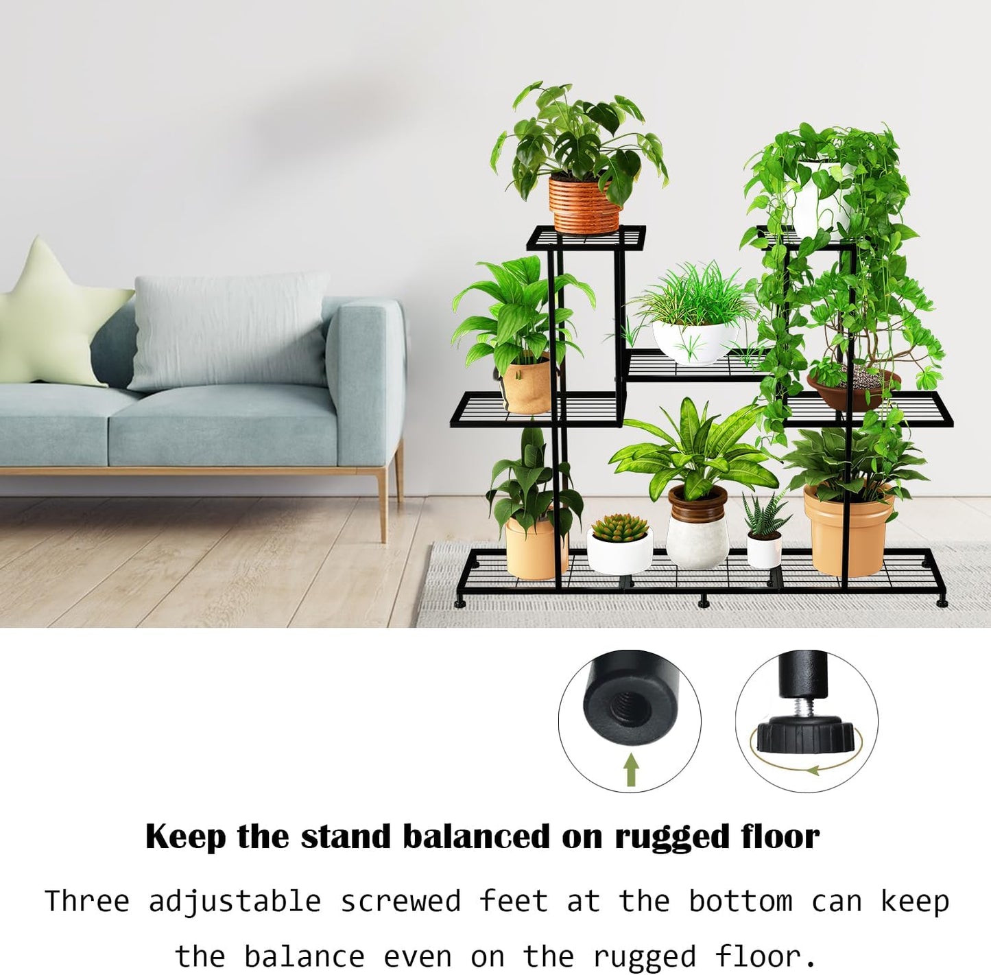Metal Plant Stand, 5 Tiers Multifunctional Plant Stands for Indoor Plants, Decorative Black Steel Plant Shelf for Indoor Patio Garden Balcony and Yard (4 tiers 12 pots)