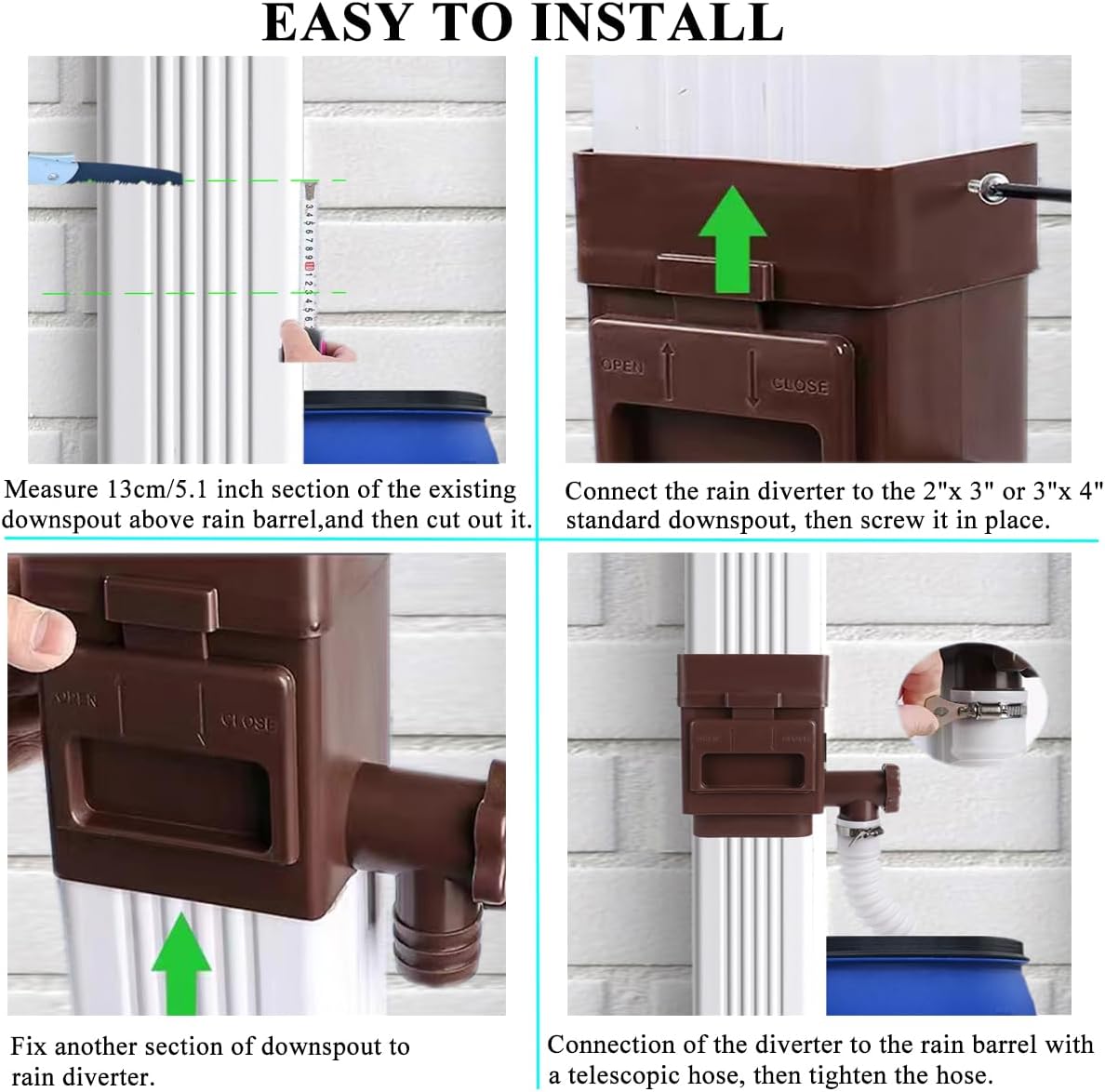 Rain Barrel Diverter Kit, Downspout Diverter Fits for 2x3 or 3x4 Inch Gutter Downspouts, Rainwater Collection System with Adjustable Valve and Filter - White