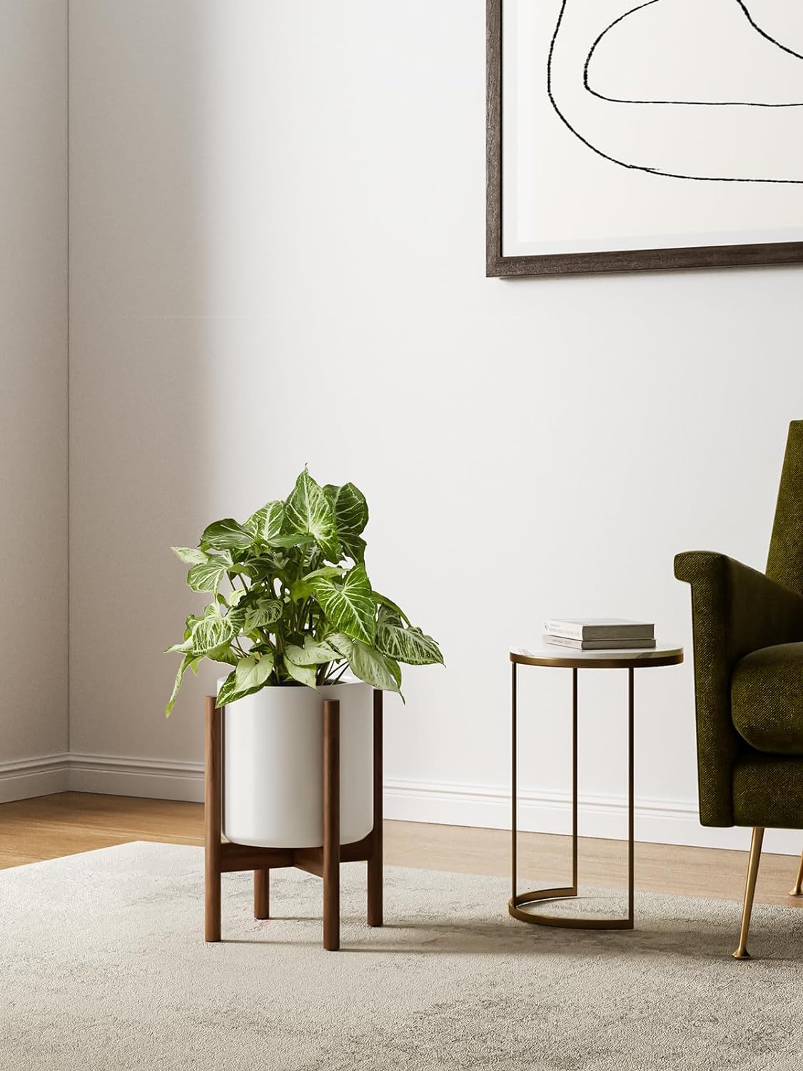 LE TAUCI Indoor Planter with Stand, 10 + 8 Inch, Set of 2, Ceramic Pot for Indoor Plants with Acacia Wood Holder, Mid-Century Modern Home Decor, Round Flower Pots with Drainage Hole, White