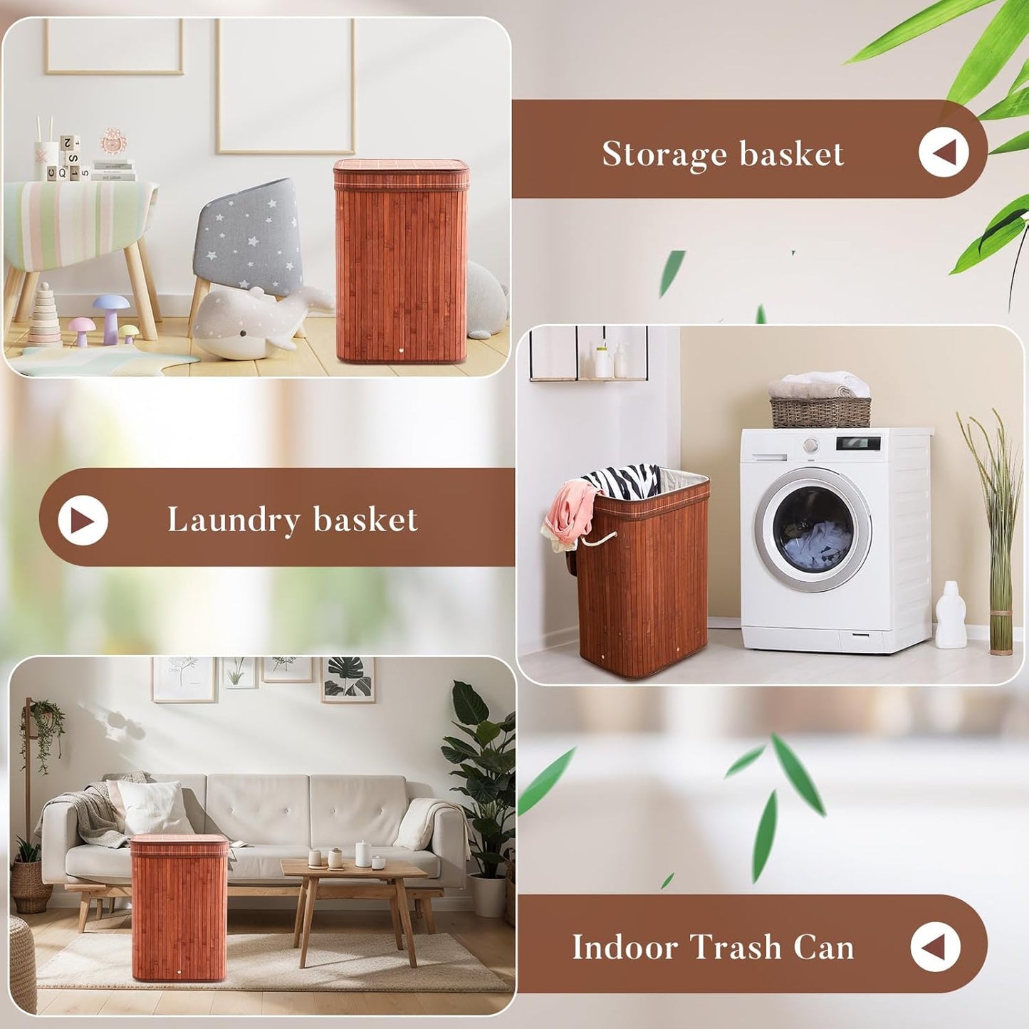 2 Pack Bamboo Slim Trash Can with Lid, 21 Gallon Large Rectangular Trash Bin, Foldable Slim Garbage Can Bamboo Waste Basket for Bathroom Bedroom Office Home Salon Spa (Brown)