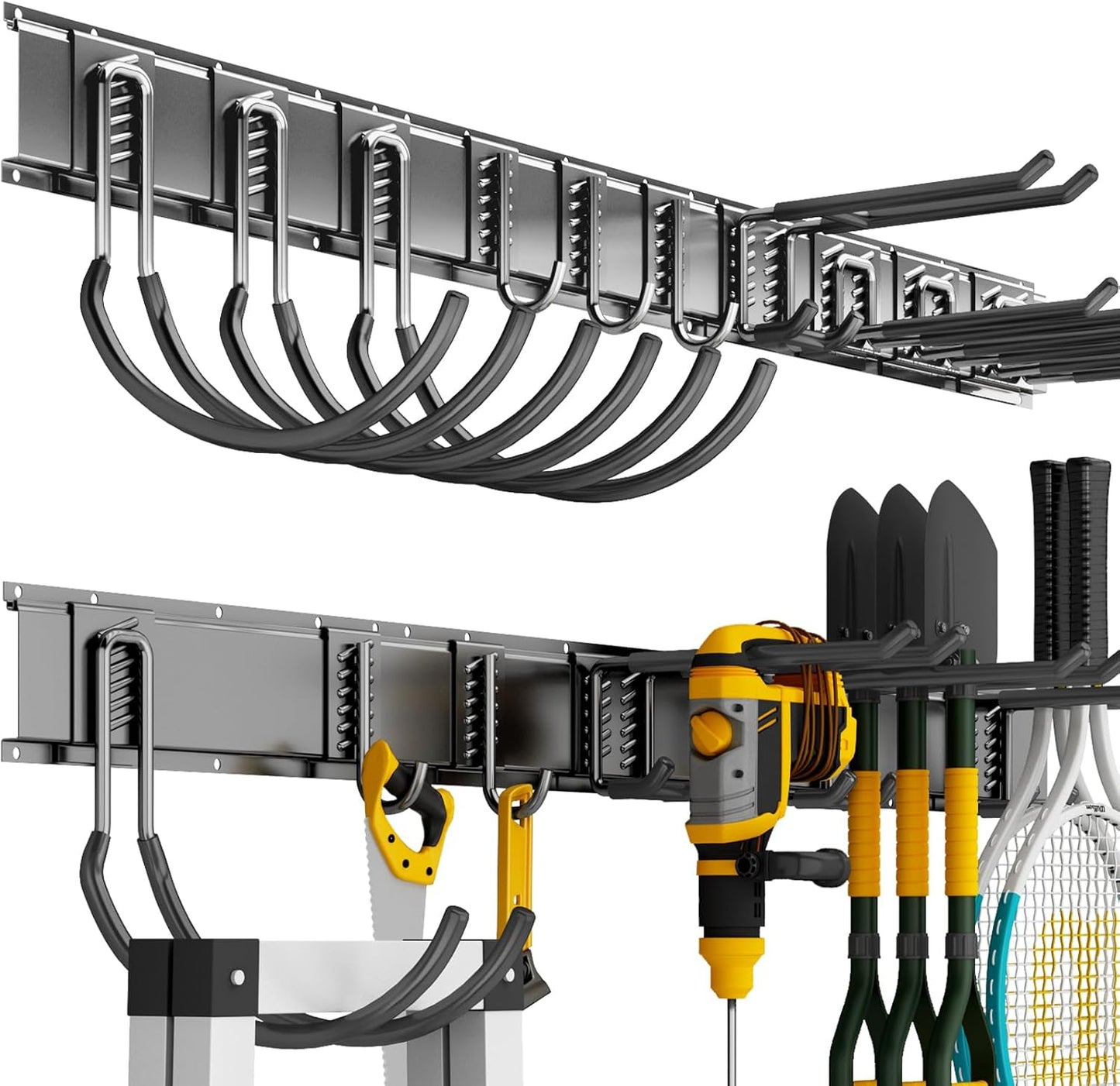 Garage Organization Tool Organizer Wall Mount, 64inch Heavy Duty Garden Tool Organizer Storage System, Easy Install with 10 Adjustable Hooks, for Garage, Basement, Shed, Workshop(Black)