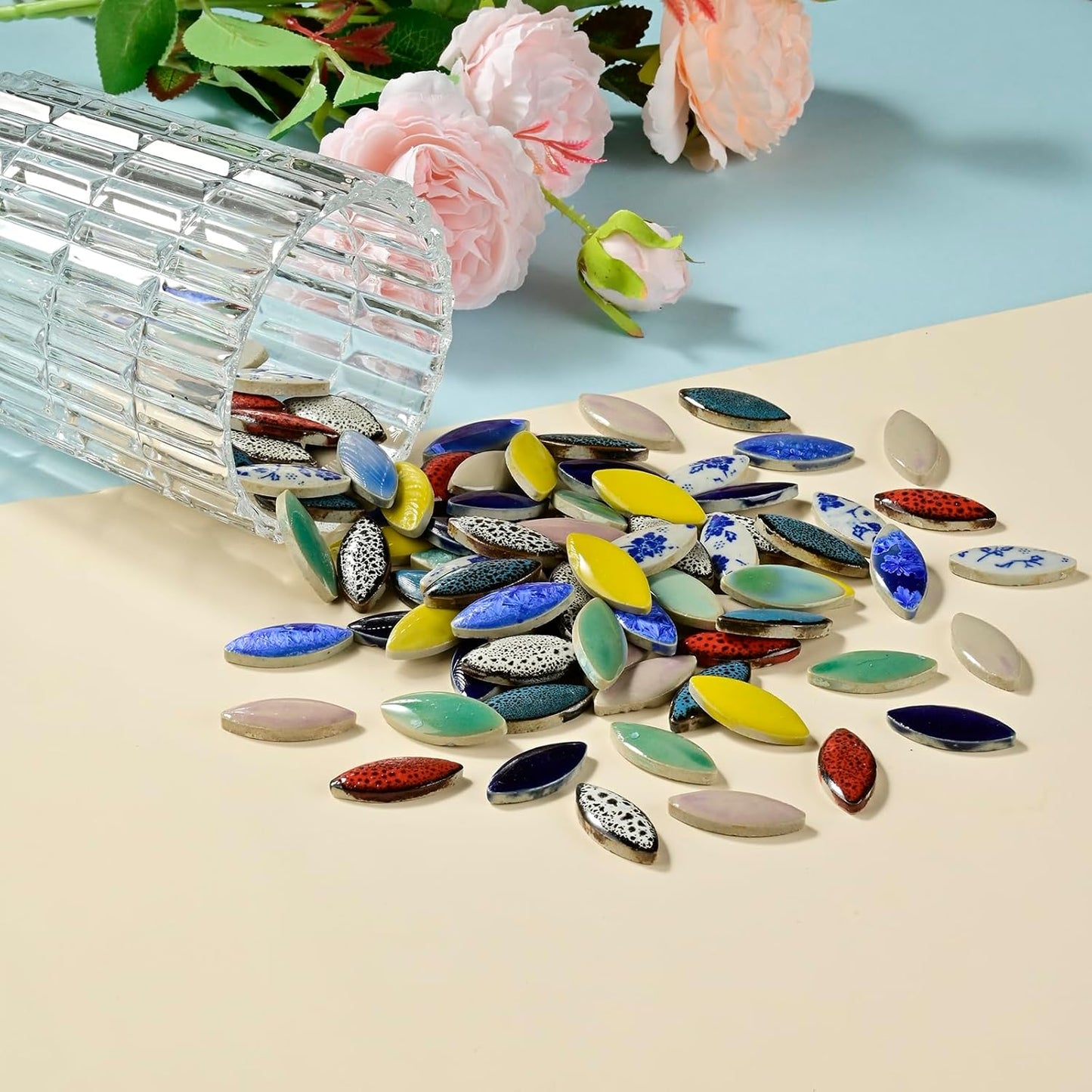 Petal Ceramic Mosaic Tiles for Crafts, Blue and White Porcelain Ceramic Mosaic Pieces Bulk Mosaic Christmas Partial Renovation Gift Ideas, Mosaic Supplies - 70pcs