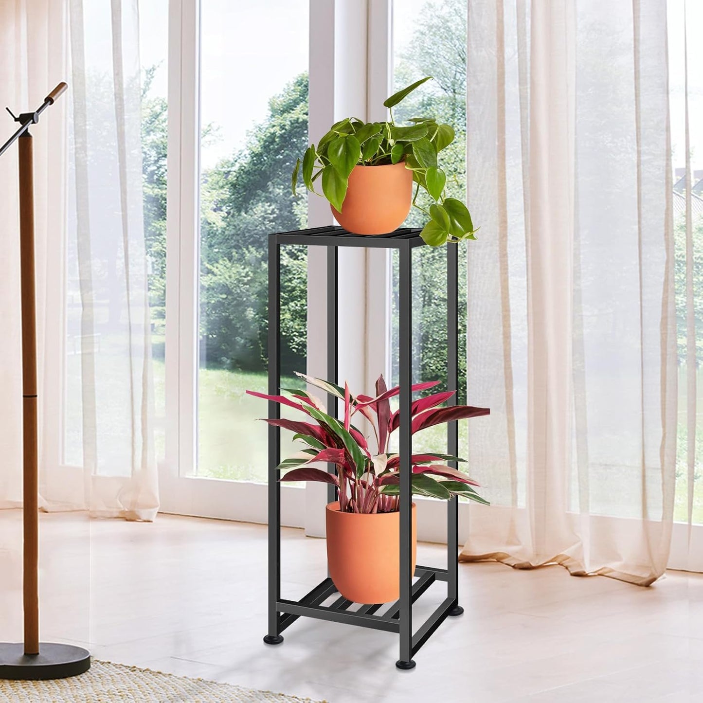 Plant Stand Indoor Outdoor, Wrought Iron Plant Stands 2 Tier Heavy Duty Metal Pedestal Stand Decorative Flower Stand for Patio Garden Deck Living Room