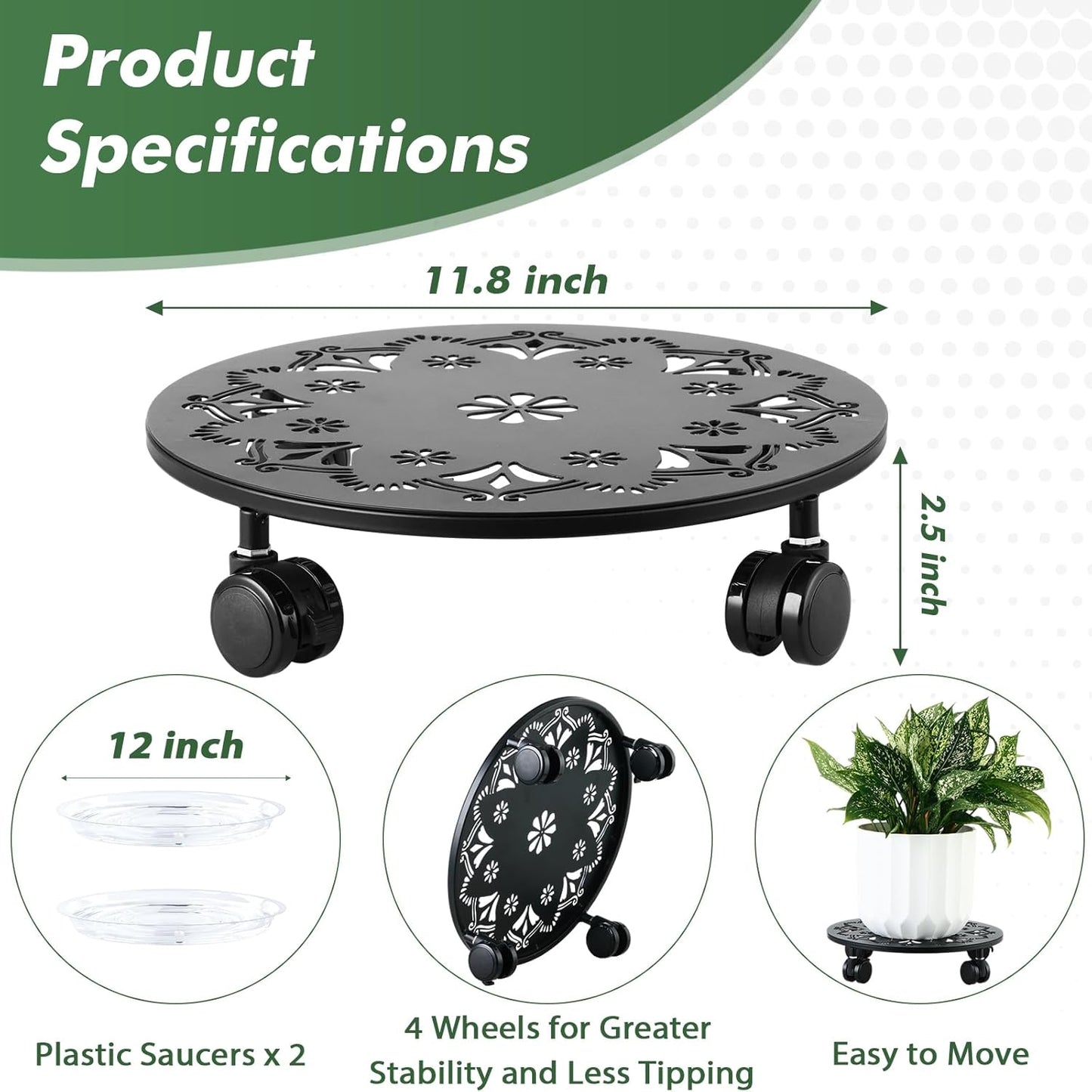 2 Pack Rolling Plant Caddy with Wheels 12 Inch, Plant Rollers with Wheels Metal Plant Caddy with Wheels Heavy Duty Plant Stand for Large Plants, Matte Black Rolling Planter Base, 4 Wheels for Planters