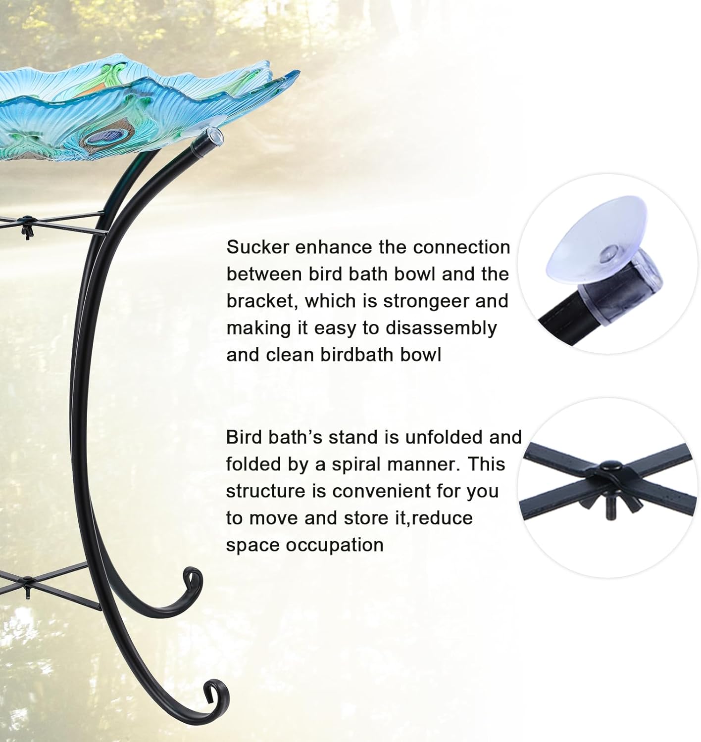 MUMTOP Outdoor Glass Birdbath with Metal Stand for Outside Yard Garden Decor, 18 inch Diameter Peacock Bird Baths Bowl for Outdoors, 21.65 inch Height