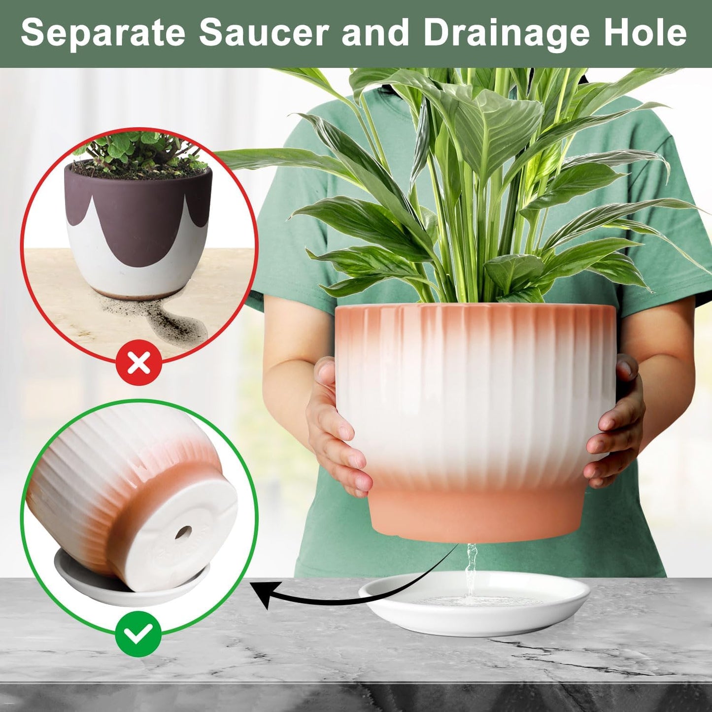 8 Inch Plant Pot, Ceramic Planter with Drainage and Saucer, Ceramic Pots for Plants, Indoor Plant pots,Ceramic Flower pots(Orange+ White, Plants NOT Included)