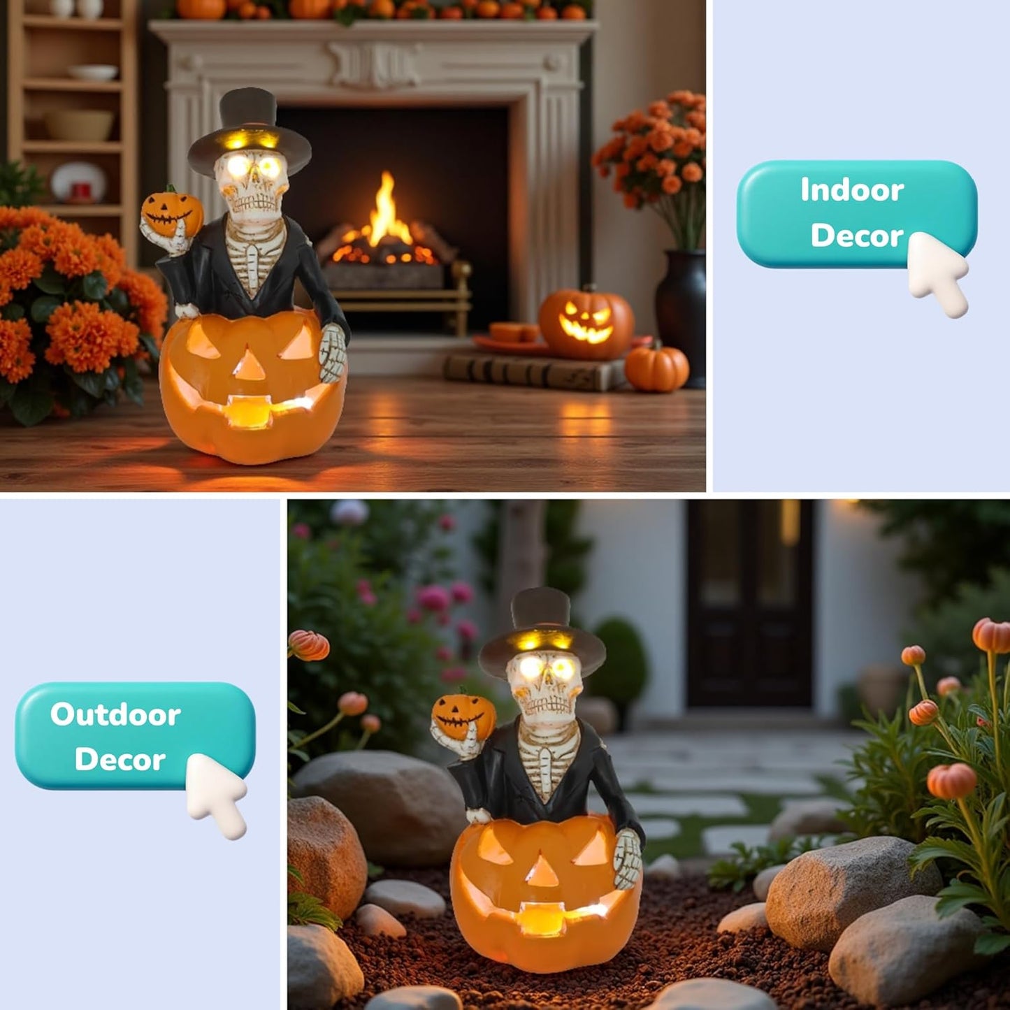 Halloween Decorations Solar Spooky Lights Outdoor Skull Pumpkin Figurine Light Garden Statue for Outside Patio Front Porch Yard, Led Fall Decor Jack-O-Lantern Home Decor Gifts (Orange-White Skull)
