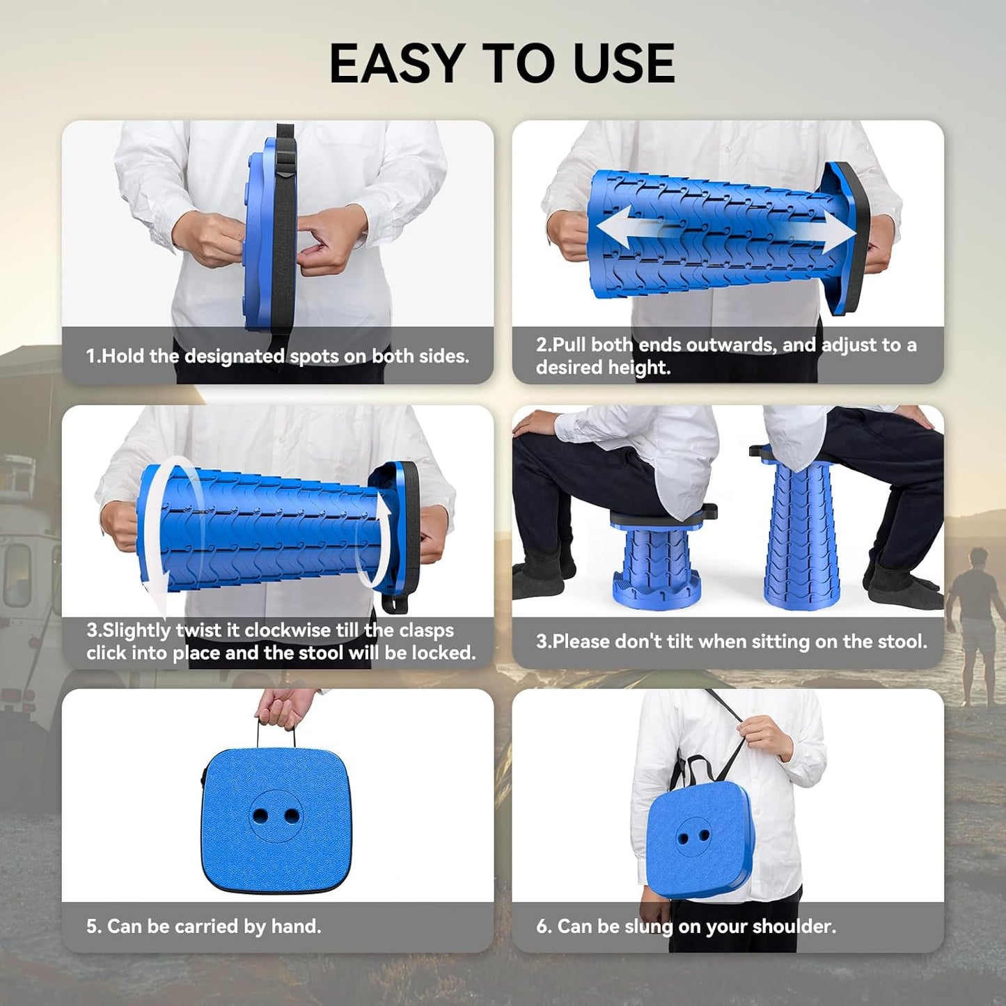 2025 Upgraded Collapsible Stool, Portable Folding Stool, Telescoping Camping Stool with Max Load Capacity 485lbs, Square Retractable Seat for Camping Gardening Fishing Hiking BBQ [Blue]