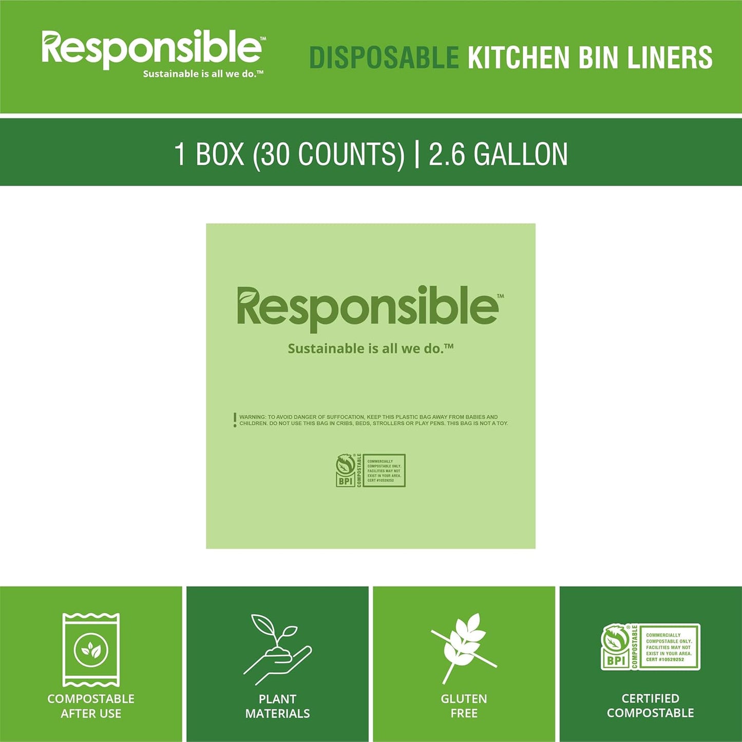 Kitchen Bin Liners, Certified Compostable, Heavy Duty Multipurpose Food Scrap Bags, Made from Compostable Materials (2.6 Gallon Flat Top, 2.6 Gallon (30 Count))