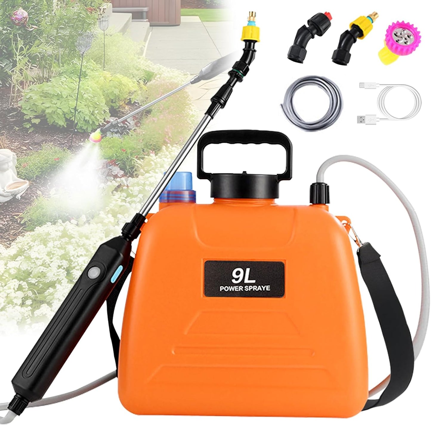 2.4 Gallon Battery Powered Sprayer, Electric Battery Operated Sprayer, Weed Power Sprayers in Lawn and Garden with Adjustable Shoulder Strap and Rechargeable Handle, 3 Mist Nozzles (Orange)