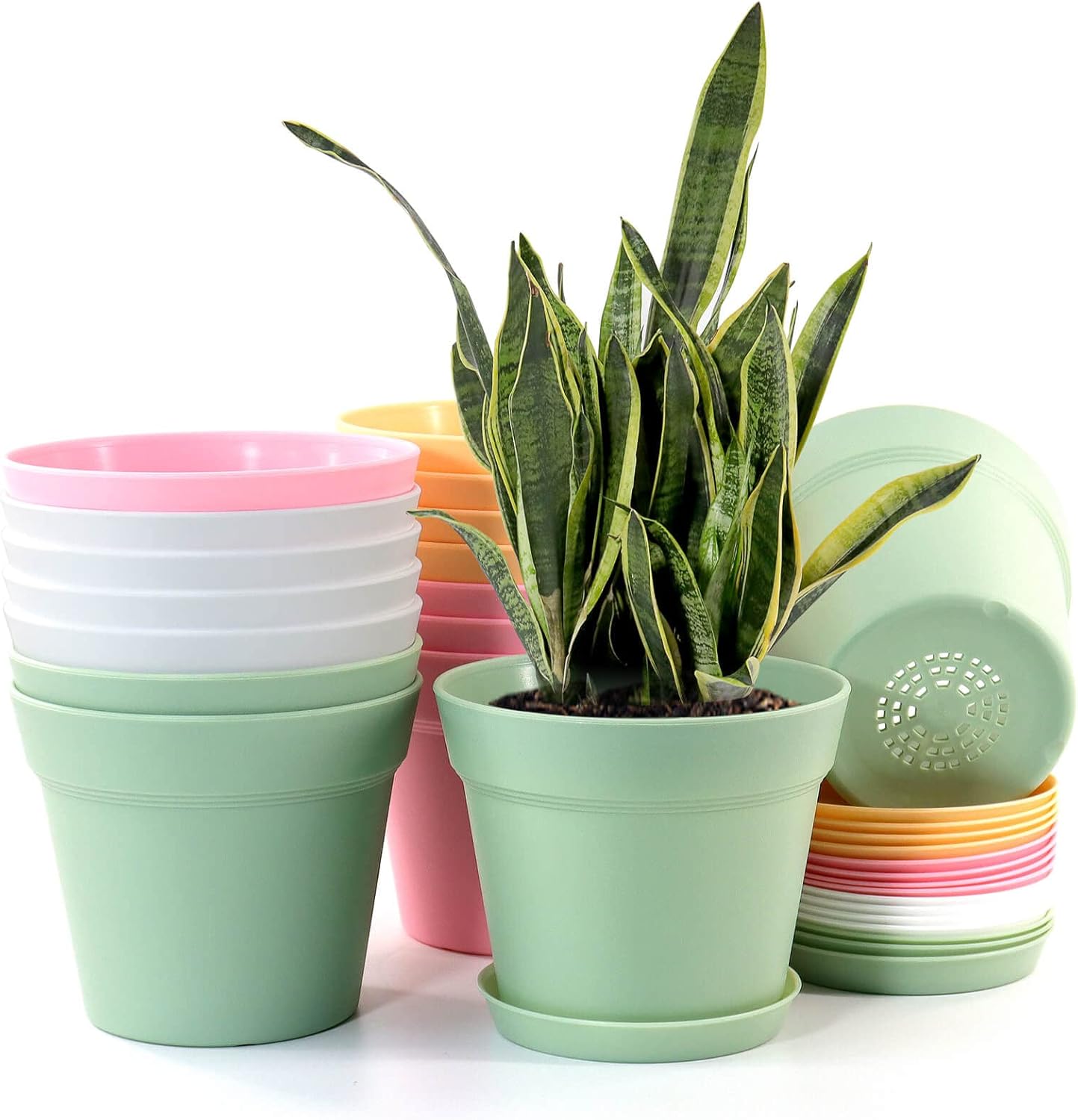 WOUSIWER 16 Pack 6 inch Plastic Planters, Indoor Flower Pots, Heavy Duty and Stylish 6 Inch Plant Pots for Indoor Plants with Drainage Holes and Tray for Plants, Flowers, Colorful