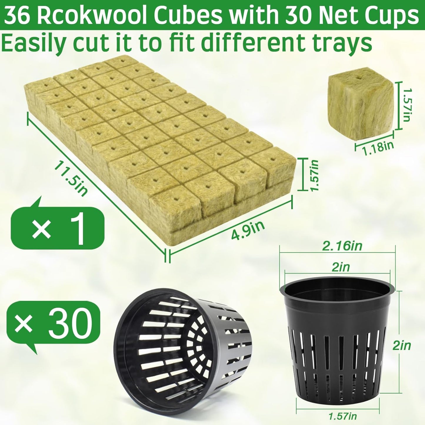 Halatool 36PCS 1.2-Inch Rockwool Cubes with 30PCS 2-Inch Net Cups for Hydroponics Great Hydroponic Kit for Cuttings Clone Plant Propagation Seed Starting & Soilless Cultivation