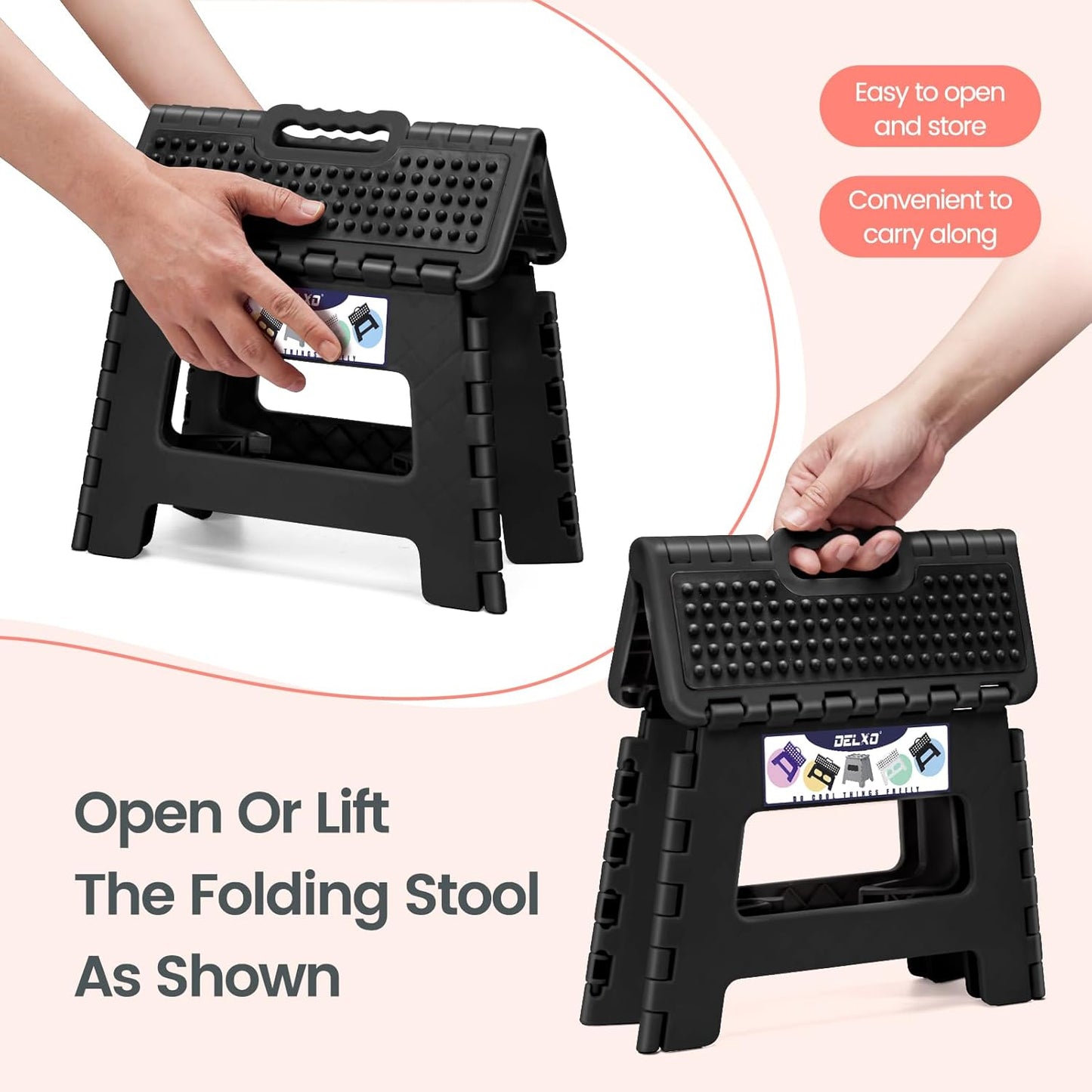 Delxo Folding Step Stool 9 Inch Non-Slip Foldable Stools for Kids & Adults Up to 300 LBS Kitchen Collapsible Fold Up Stepping Stool with Dotted 1 Pack Black