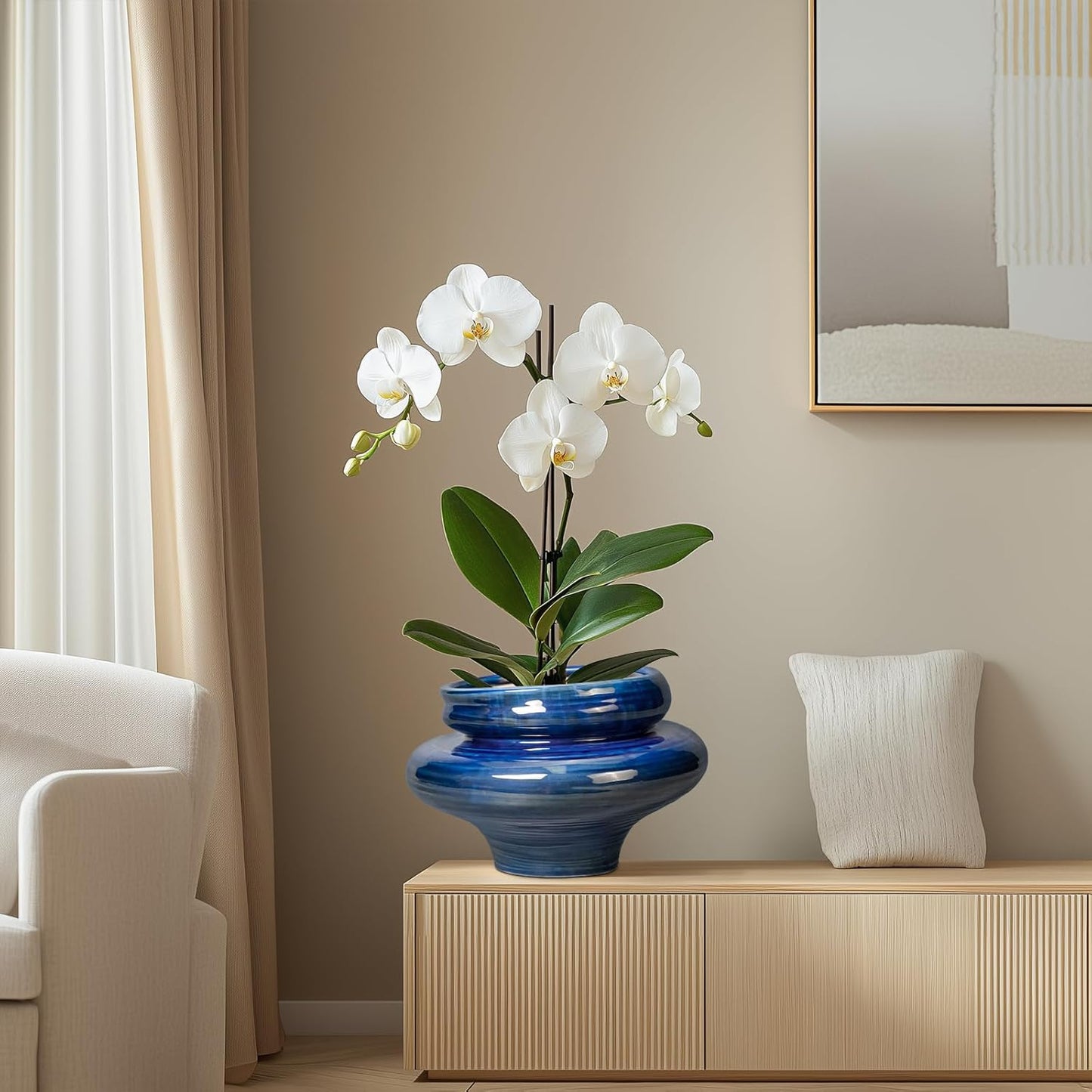 Ceramic Pots for Plants - 11 Inch Ceramic Planter for Indoor Outdoor, Unique Planters with Drainage Hole, Decorative Flower Pot, House Office Garden Decor, Plants Lover Gifts, Blue