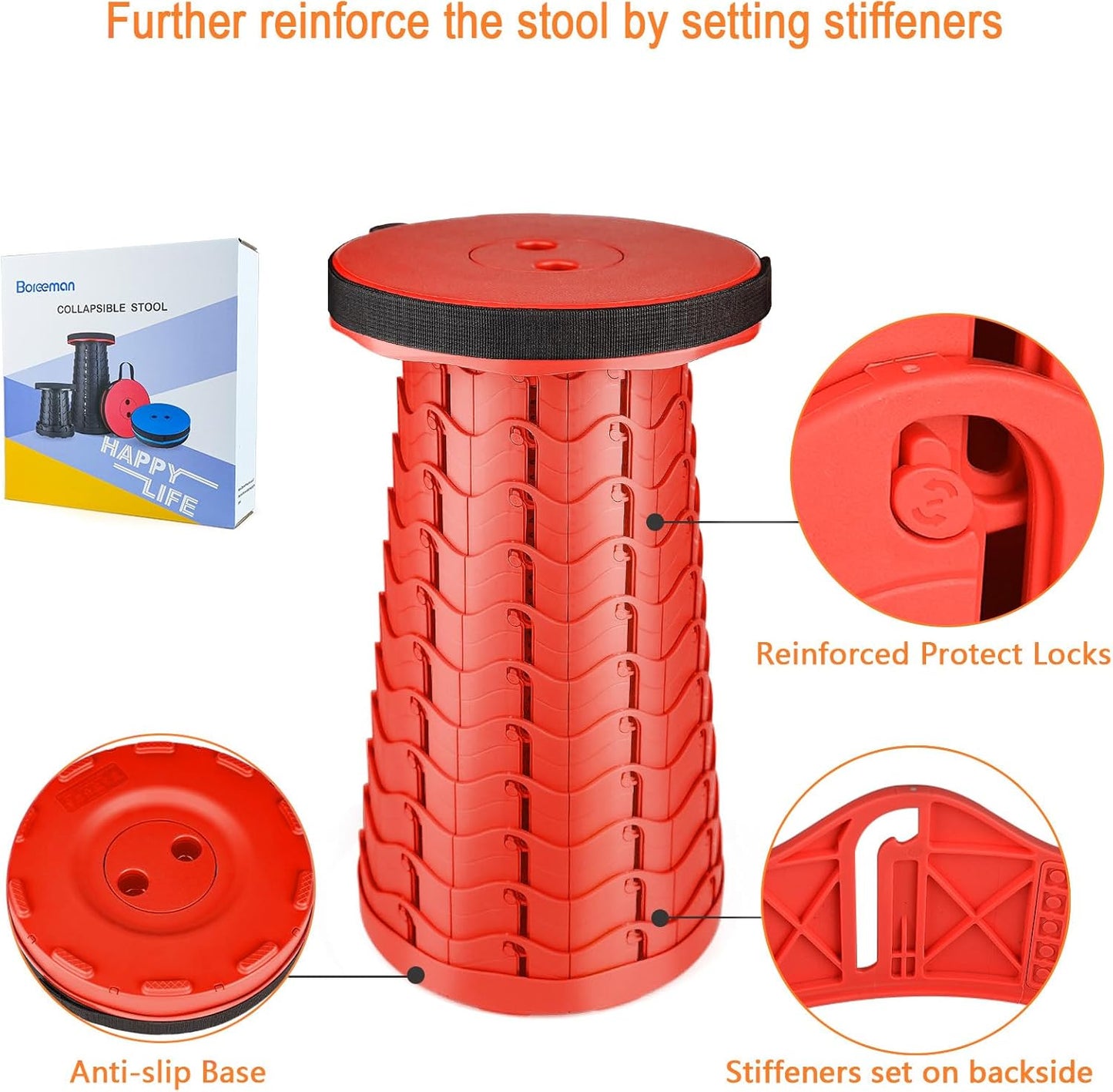 Boreeman Upgraded Folding Stool Lightweight Yet More Sturdy with Load Capacity 400lbs Portable Collapsible Stool for Camping Fishing Hiking BBQ (All Red)