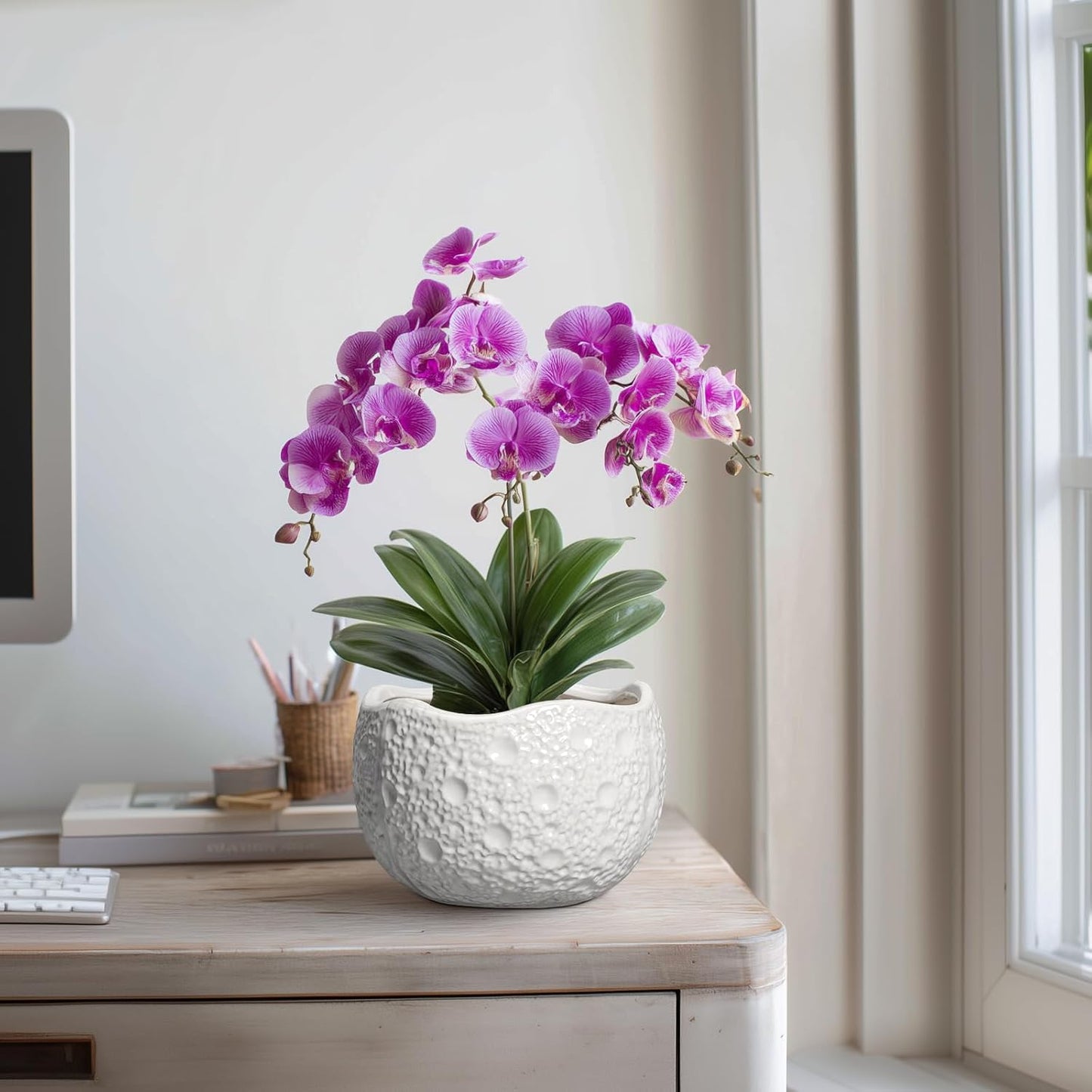 Ceramic Plant Pot - 8 Inch Round Planter with Drainage Hole, Decorative Plant Pots for Indoor Outdoor Plants, Modern Unique Flower Pots, House Living Room Decor, Housewarming Gifts, White