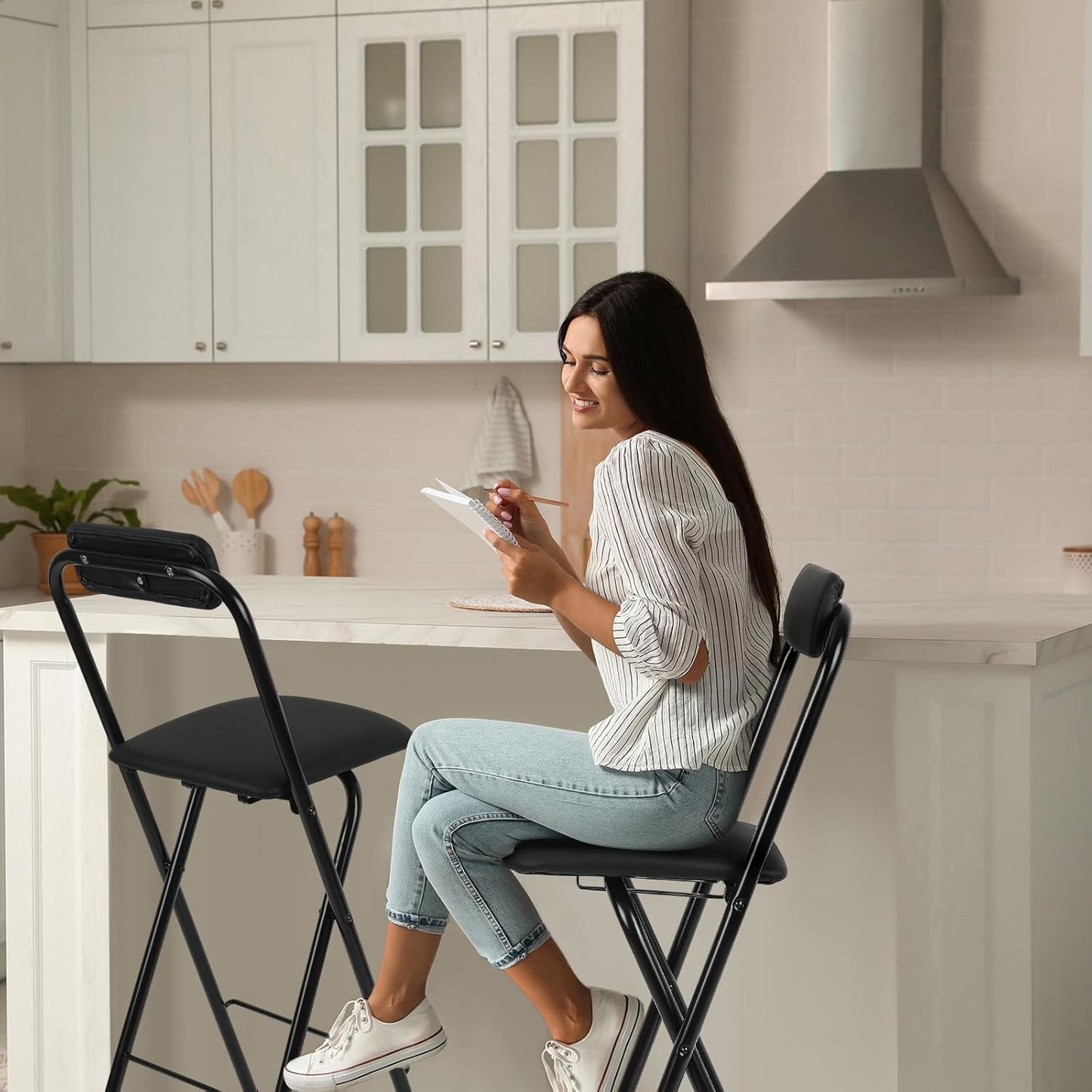 Thyle 2 Pcs Folding Bar Stool with Backrest, Tall Foldable Stool Chair Portable High Folding Bar Chair Counter Height Seat Leather Padded for Kitchen Island Shop Cafe Dining Room Black (29.5 Inch)