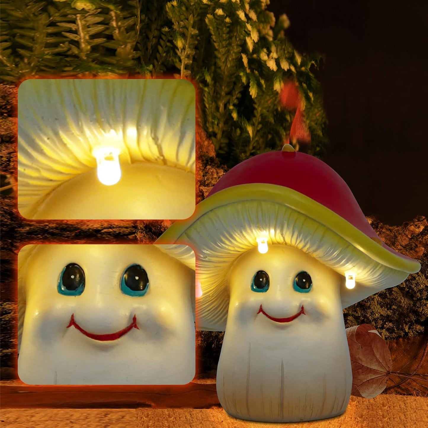 Solar Garden Small Mushroom Decor Outdoor Statue - Mushroom with Waterproof Sculptures Lights, Cute Mushrooms Pond/Yard Statues Outside Decoration, Home, Lawn, Patio, Resin Fairy Ornament