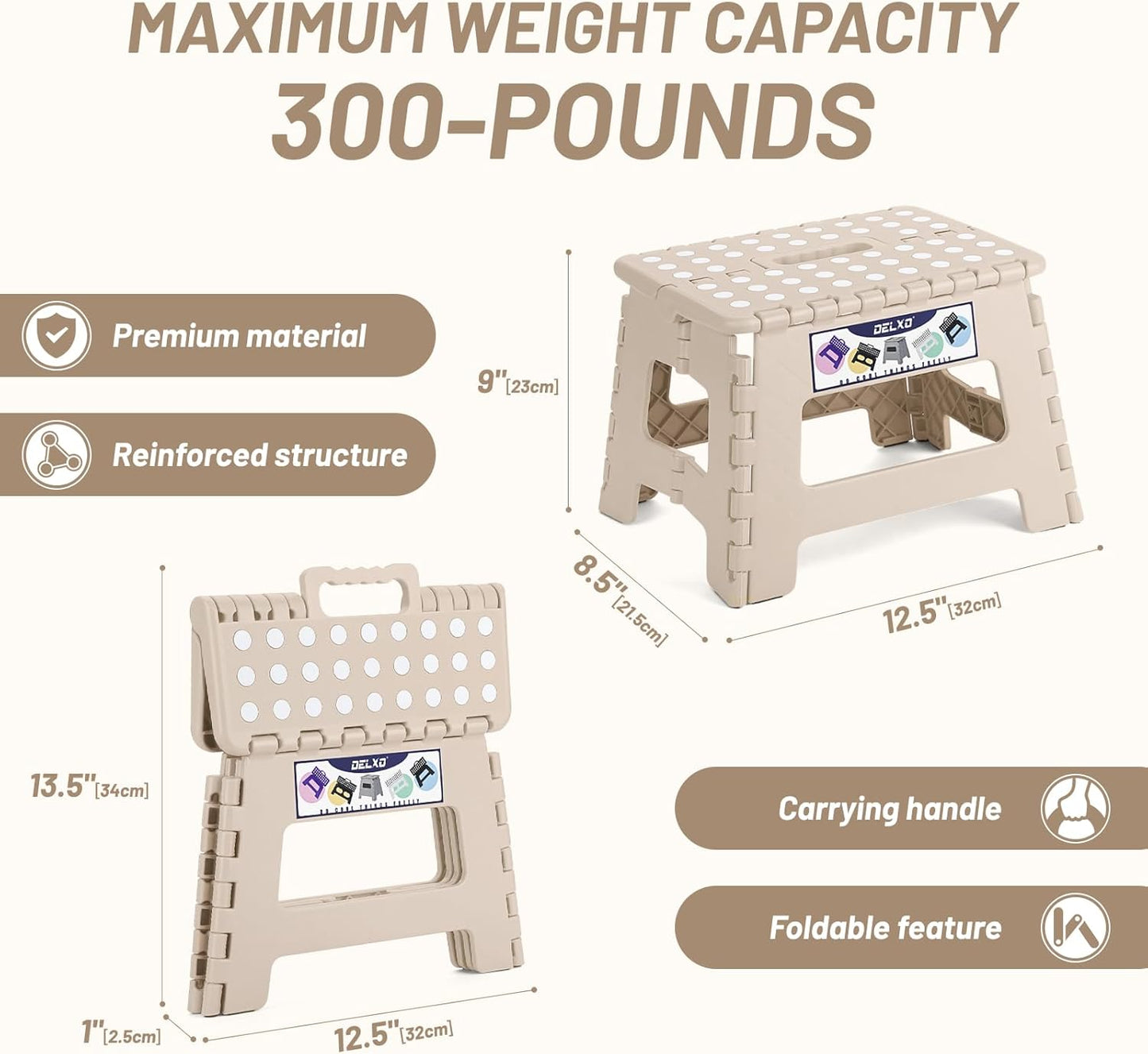 Delxo Folding Step Stool,9 Inch Lightweight Plastic Stepstool,Portable Collapsible Foldable Step Stool Non Slip Folding Stools for Kitchen Bathroom Bedroom in Khaki,1 Pack