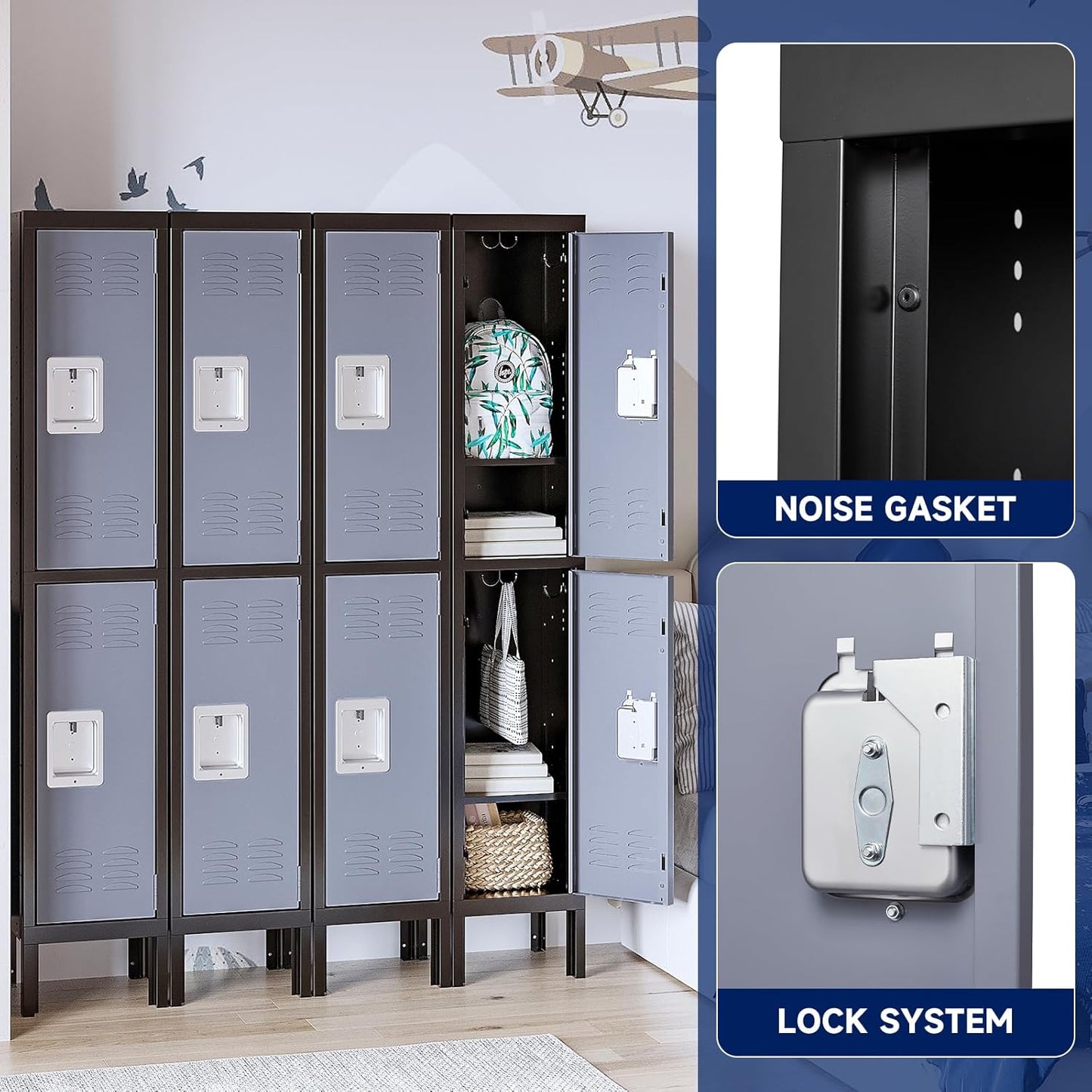 Yizosh Metal Lockers for Employees with Lock, Employees Locker Storage Cabinet with 2 Doors, Tall Steel Storage Locker for Gym, School, Office (Gray Black, 2 Door)