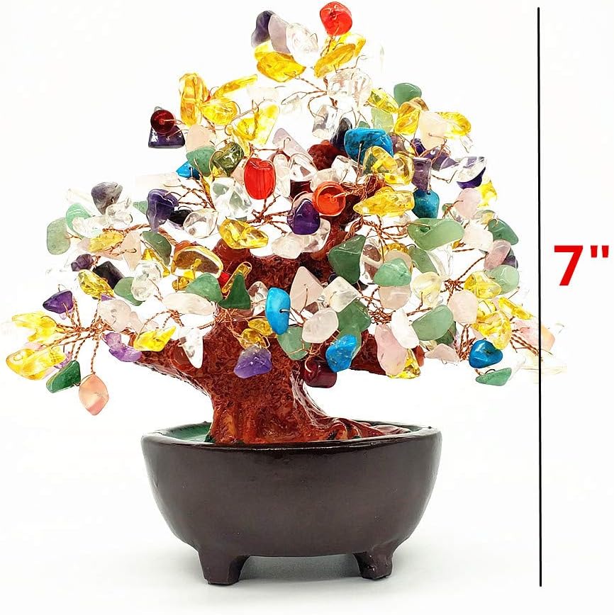 7 Inch Quartz Crystal Money Tree Bonsai Feng Shui Gem Decoration for Wealth and Luck (Multicolor)