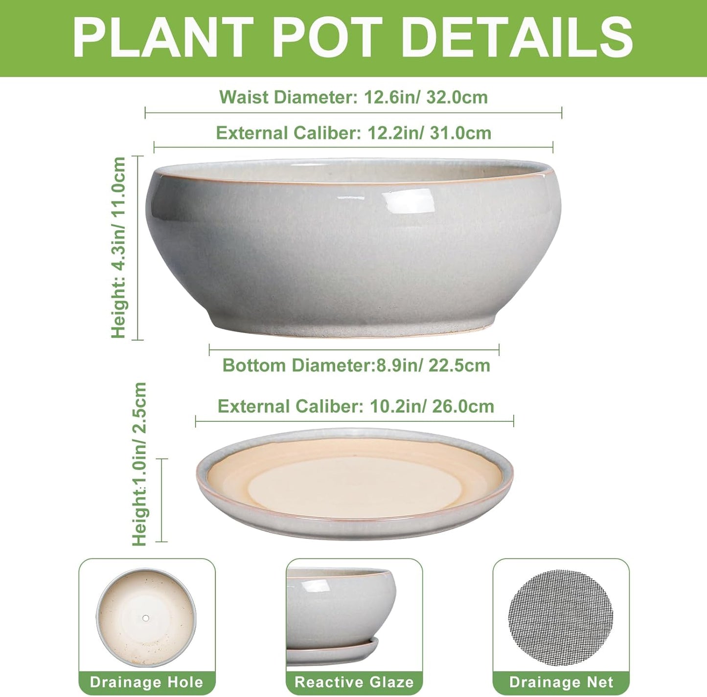 SQOWL 12 Inch Bonsai Pots - Large Ceramic Succulent Pots with Drainage Hole and Saucer, Shallow Planter for Indoor Outdoor Plants Flowers, Round Planter Bowl, Garden Decor, Gifts for Women, Gray
