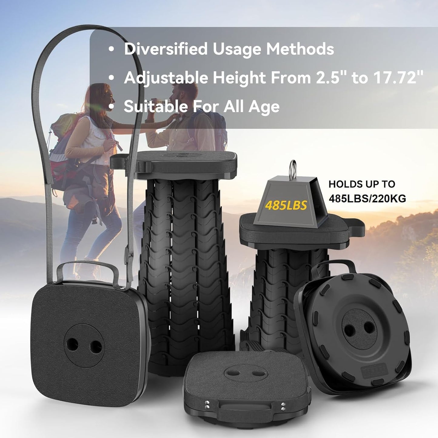 2025 Upgraded Portable Folding Stool, Collapsible Stool, Telescoping Camping Stool with Max Load Capacity 485lbs, Square Retractable Seat for Camping Gardening Fishing Hiking BBQ[Black]