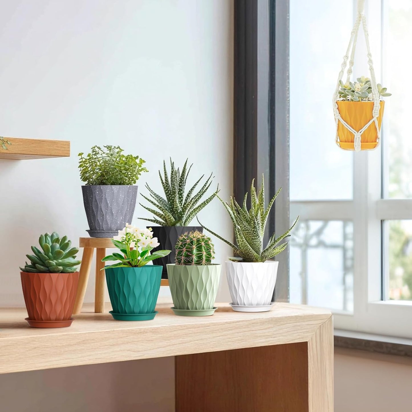 5 inch Plant Pots for Indoor Outdoor Plants, 6 Pack Thick Flower Pots with Drainage Holes and Saucers, 3D Modern Wave Texture Small Plastic Planters Nursery Pots, Speckled Grey