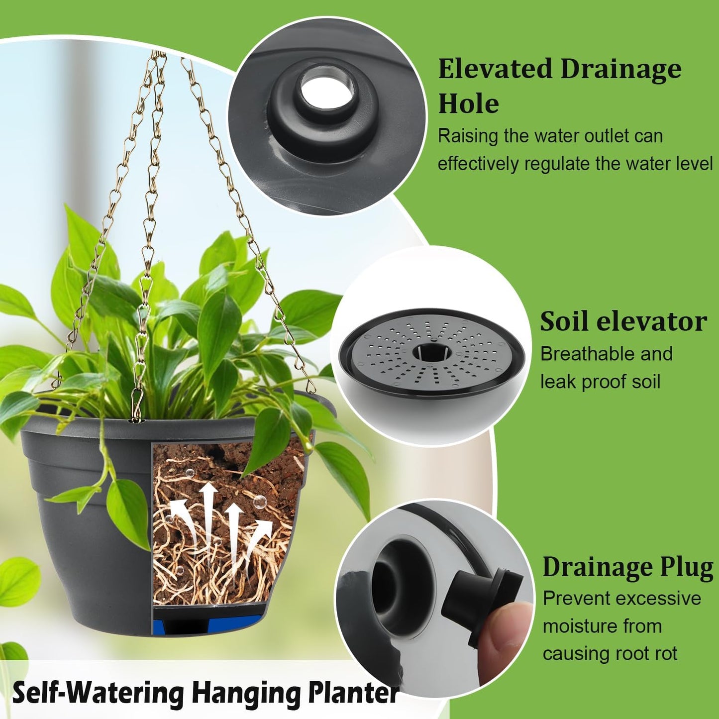 Hanging Planters 10 Inch, 4 Pcs Flower Pots with Drainage Hole, Self Watering Hanging Basket for Indoor Outdoor Plants, Decor, Gray