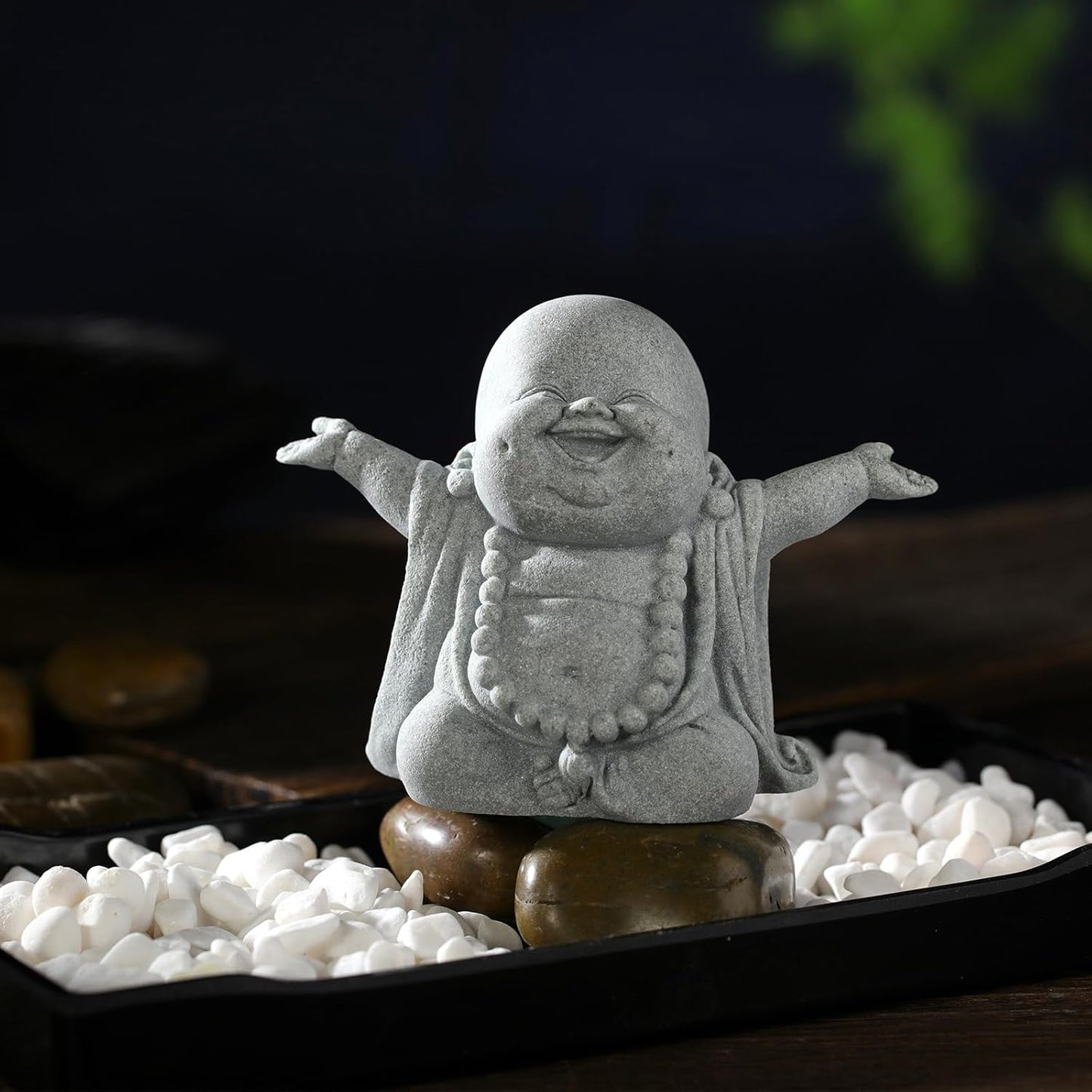 Buddha Sandstone Statues, Zen Monk Praying Statue Sculptures Ornament for Wealth Good Luck Feng Shui Decor Home Office Car Decoration(Laughing Buddha)