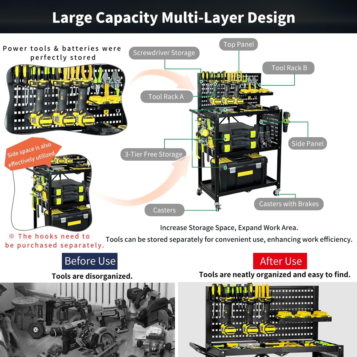 Lumizone Foldable Tool Cart with Wheels Rolling Utility Service Cart with Pegboard for Power Tool Organization Garage Organizer Storage on Wheels Heavy Duty Folding Design (Tool Cart)