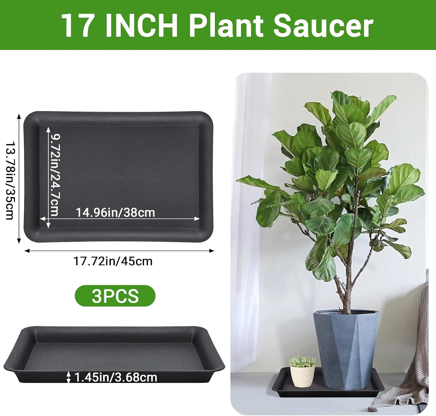 GREANER 17 Inch Plastic Plant Saucer, Black Trays for Plants, Flower Pot No Holes Plant Drip Trays, Plant Trays for Pots Heavy Duty Plastic Plant Saucers for Indoors Outdoors