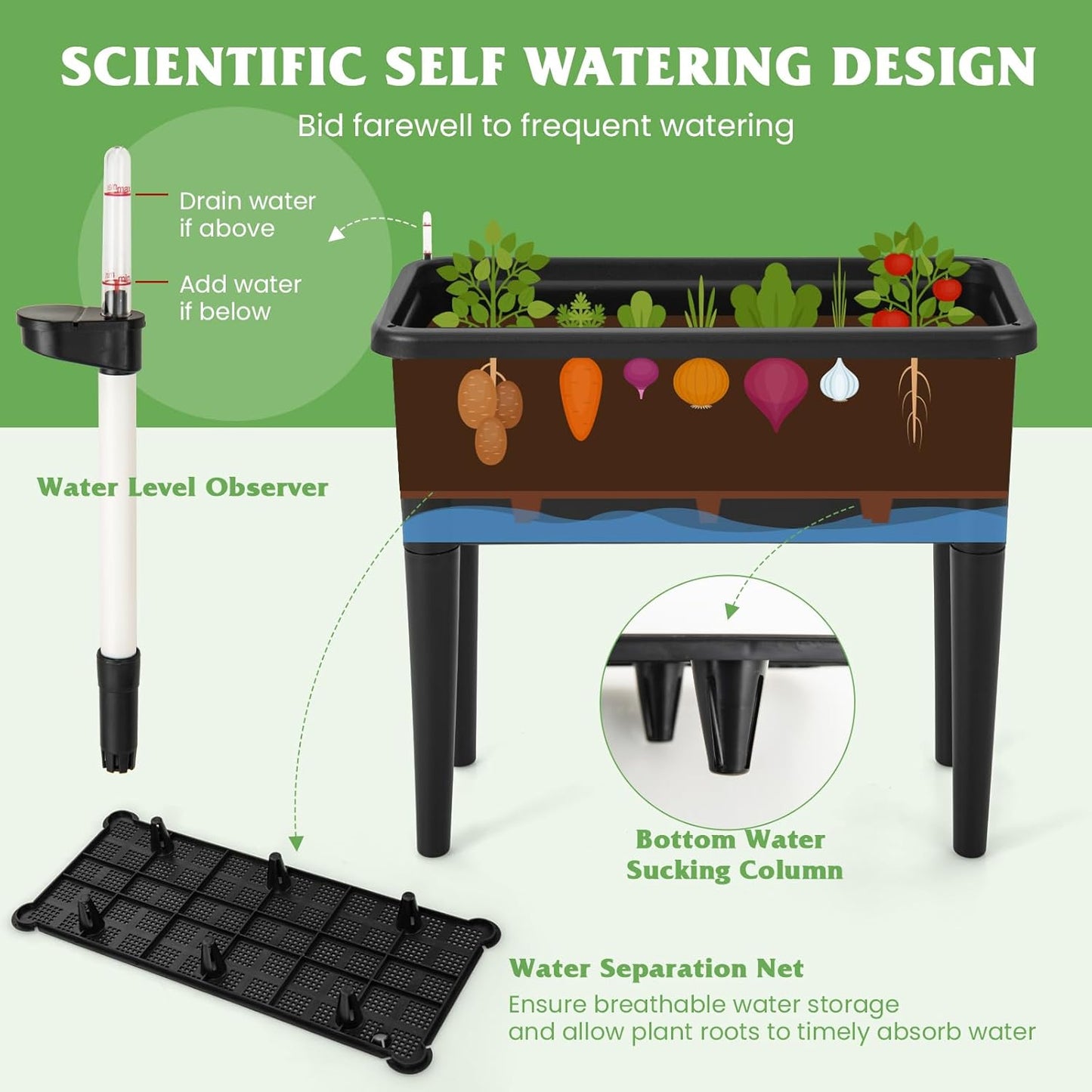 Happygrill Raised Garden Bed with Trellis, 4 in 1 Self-Watering Planter w/Water Level Observer, Drainage Holes, Climbing Net & Detachable Legs, Garden Cucumber Planter for Vegetables Flowers
