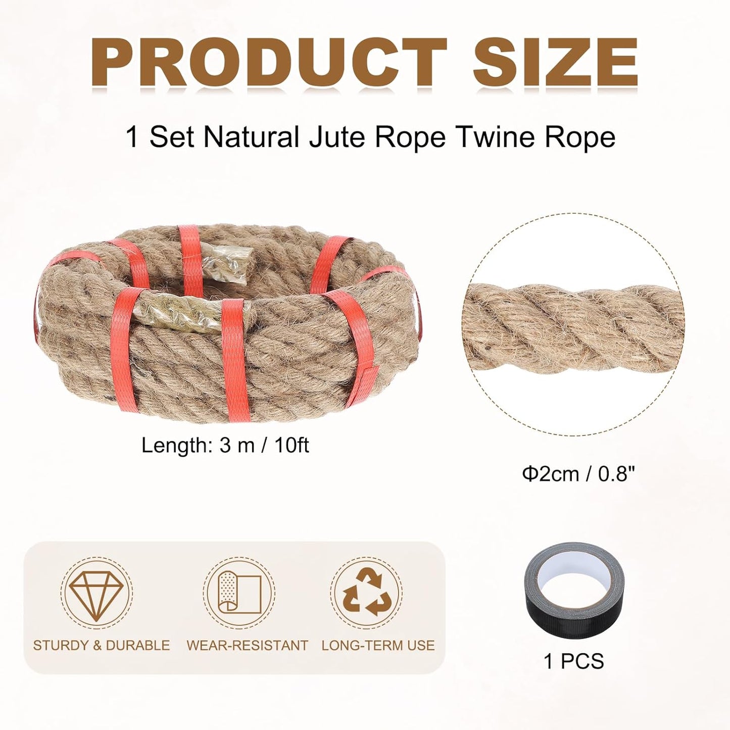 MECCANIXITY Jute Rope 0.8 Inch x 10ft, Thick Twine Rope Ropes Braided Jute Twine Natural Brown Burlap Cord String Heavy Twisted with Tape for Decorative Crafts Railing Swing Tug of War