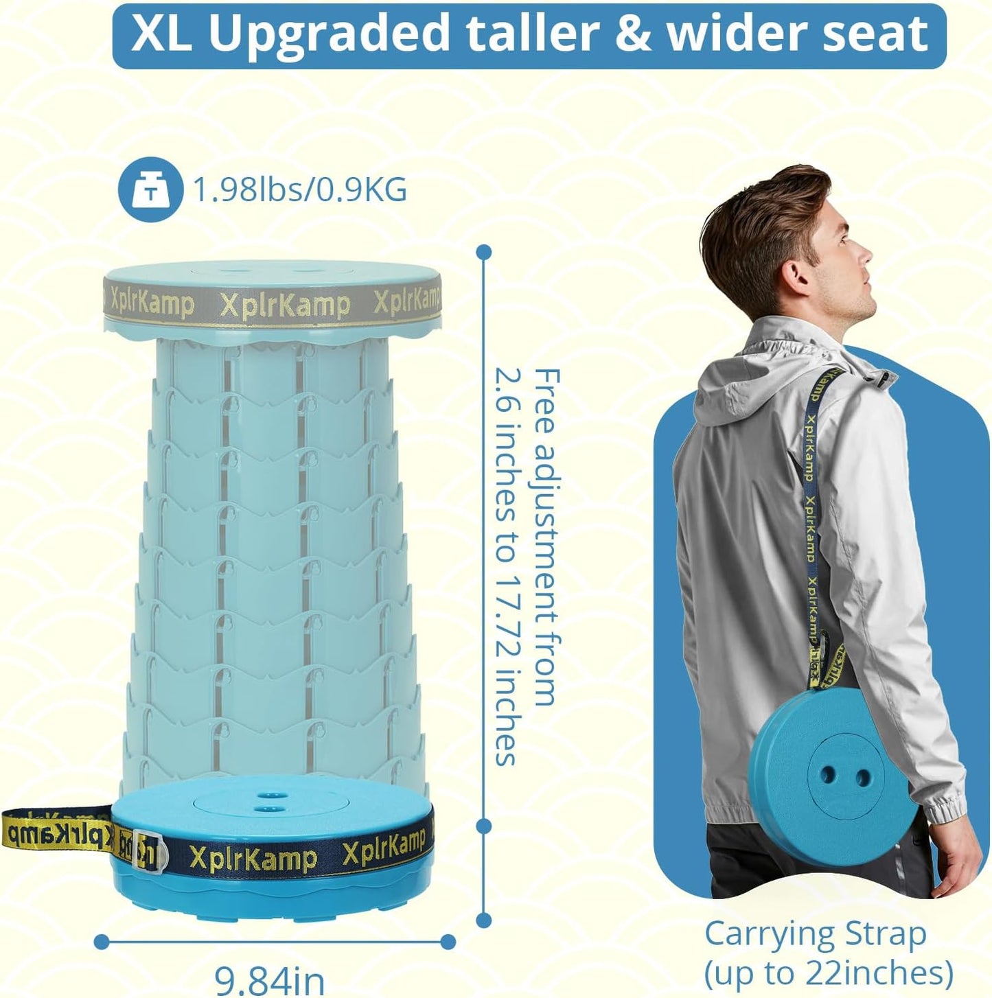 Retractable Folding Stool - Heavy Duty 400 lb Collapsible Portable Stool for Camping, Hiking, Fishing, Indoor/Outdoor with Non-Slip Base and Lightweight Design (Lakeblue, 1-Pack)