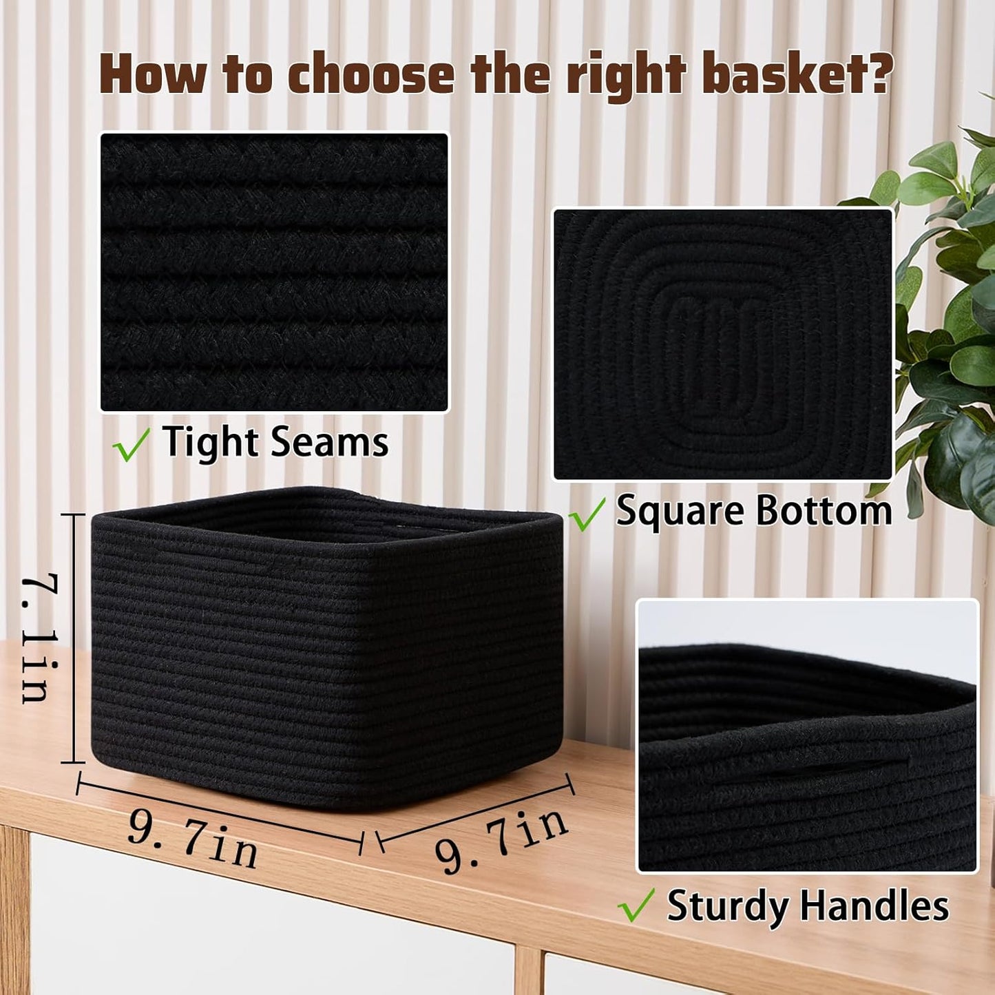 Small Organizing Baskets for Cubes Shelf, 9.7x9.7x7.1 Inch Rope Woven Storage Bins for Nursery Shelves Storage, Cute Toy Basket, Square 3 Packs Black