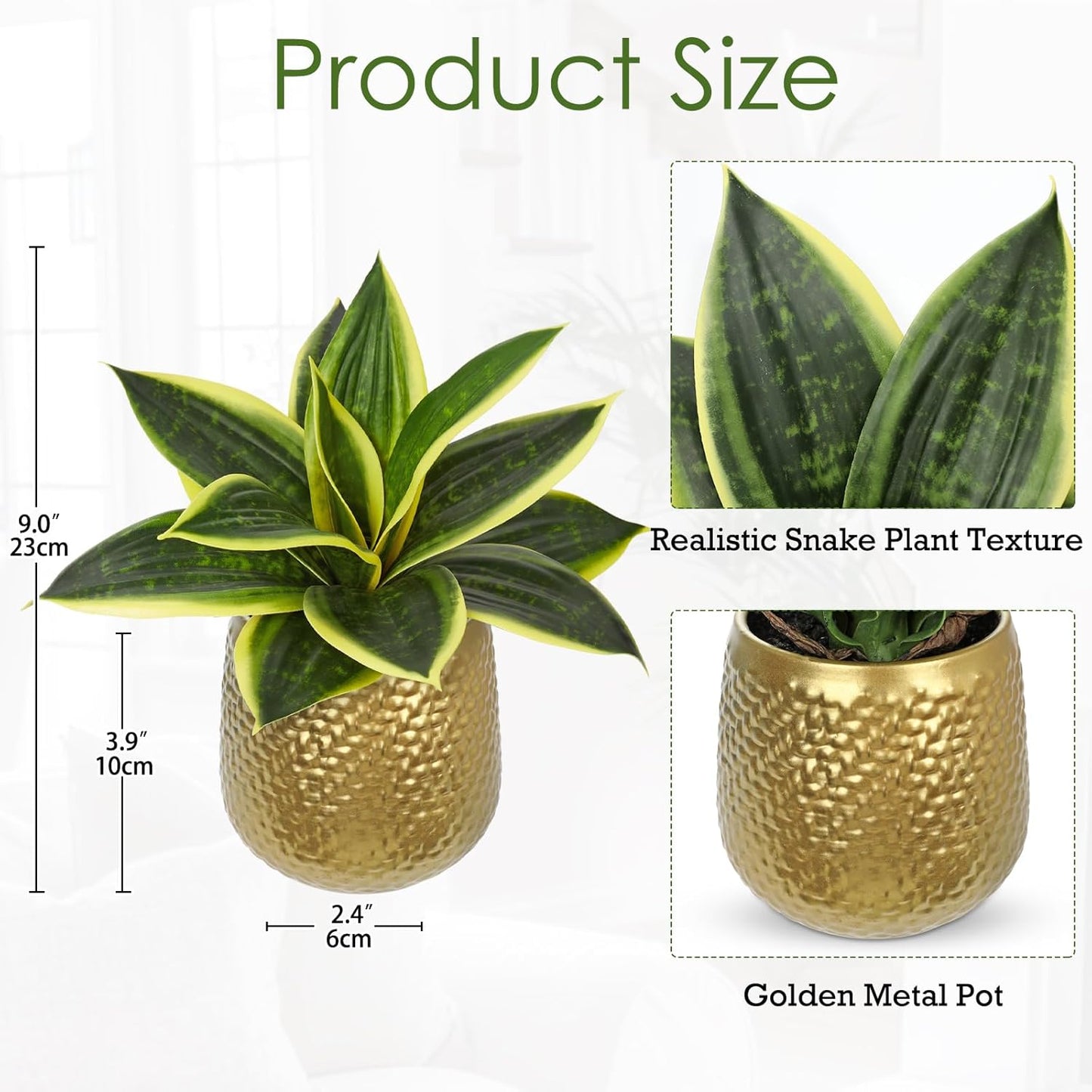Hollyone Artificial Snake Plants 9" Faux Agave Succulent Plant Potted in Gold Metal Pot Fake Sansevieria Aloe Tropical Plant for Desk Modern Office Home Bathroom Indoor Outdoor Decor