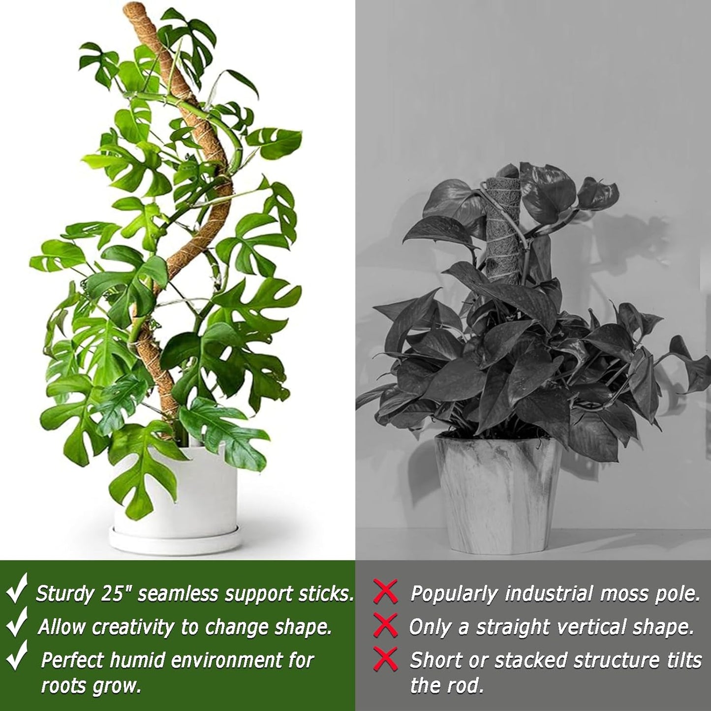 2 Pack 25" Moss Pole, Bendable Moss Pole for Plants Monstera, Moss Poles for Climbing Plants Indoor, Handmade Coco Coir Plant Pole Sticks Support Stakes for Potted Plants