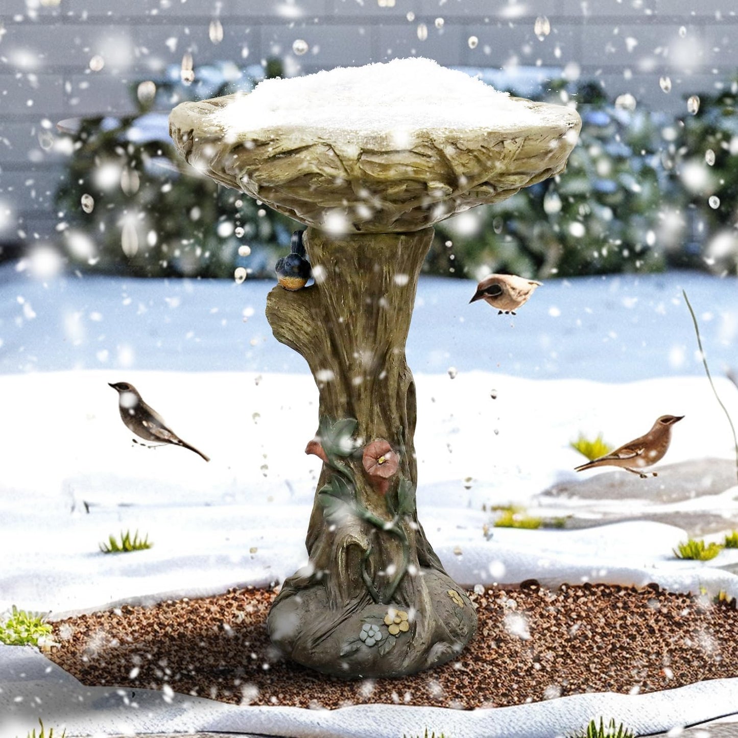 SKYFIRE 25.5” H Concrete Birdbaths for Outdoors -Large Woodland Tree Trunk Yard Statue Decoration，Vintage Birdbath with Bird Figurines Yard Statue for Garden, Patio, Lawn, Backyard