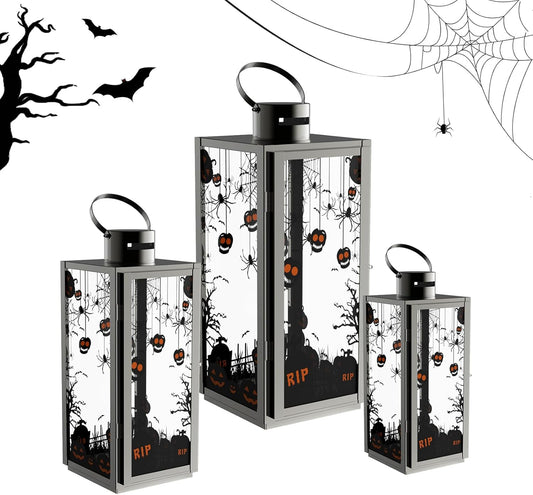 MATICO Stainless Decorative Candle Lantern Set of 3, Hanging Decor Hurricane Lantern Candle Holder for Festival Ceremony Home Decor, Both Indoor & Outdoor Use，Halloween