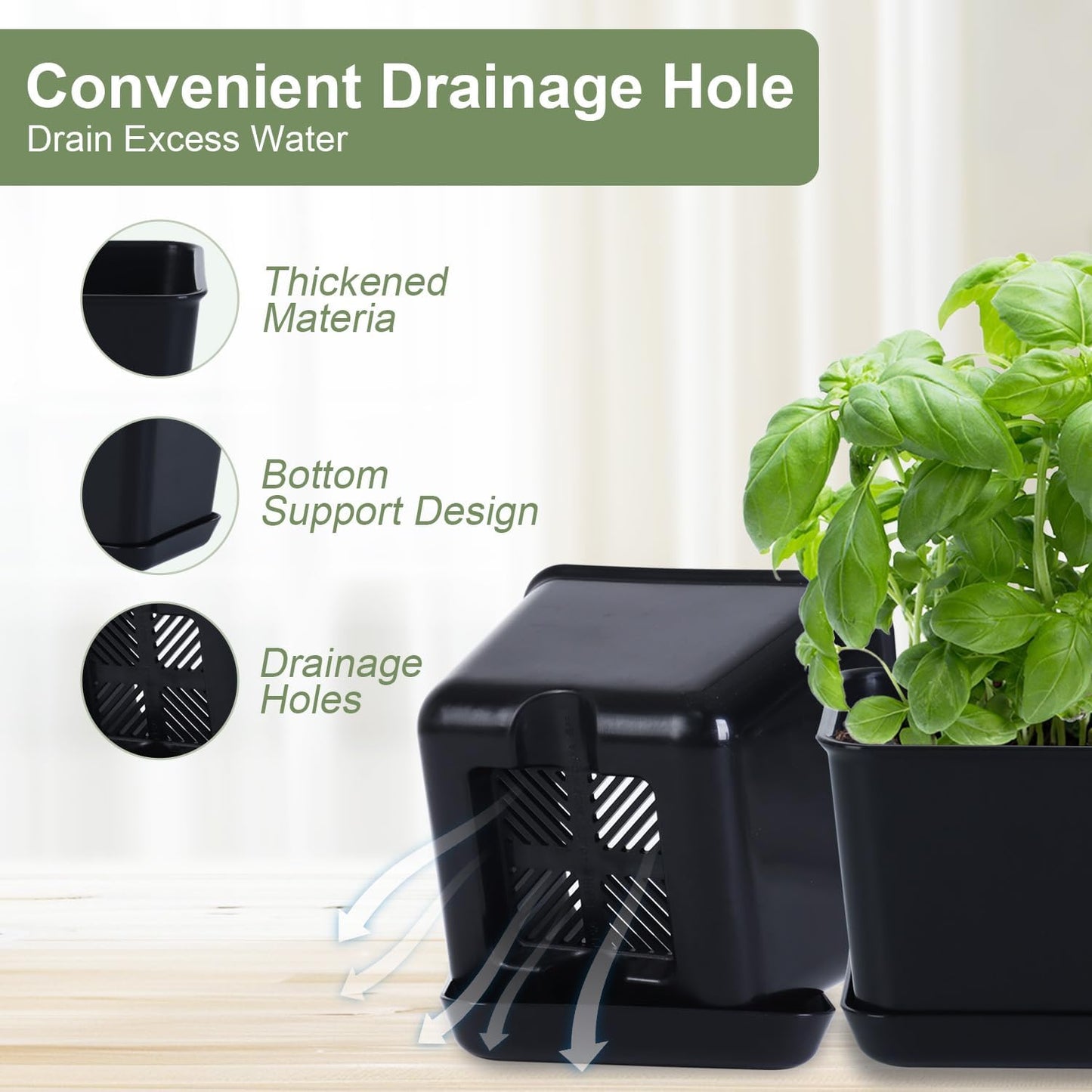 Herb Garden Planter Indoor Kit Pots for Indoor/Outdoor Plants 4 Packs Windowsill Plant Pots with Drainage and Tray, Window Pot for Indoor Plants (Black)