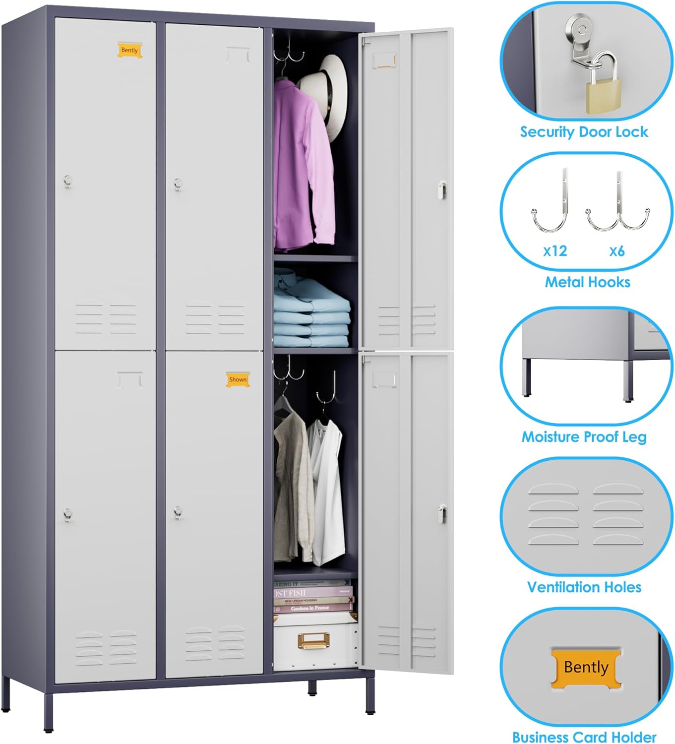 6 Doors Metal Locker for Employees with 18 Hooks and Business Card Holder,Metal Locker with Ventilation Holes for School Garage Office Gym Home,Assembly Required,Grey-White