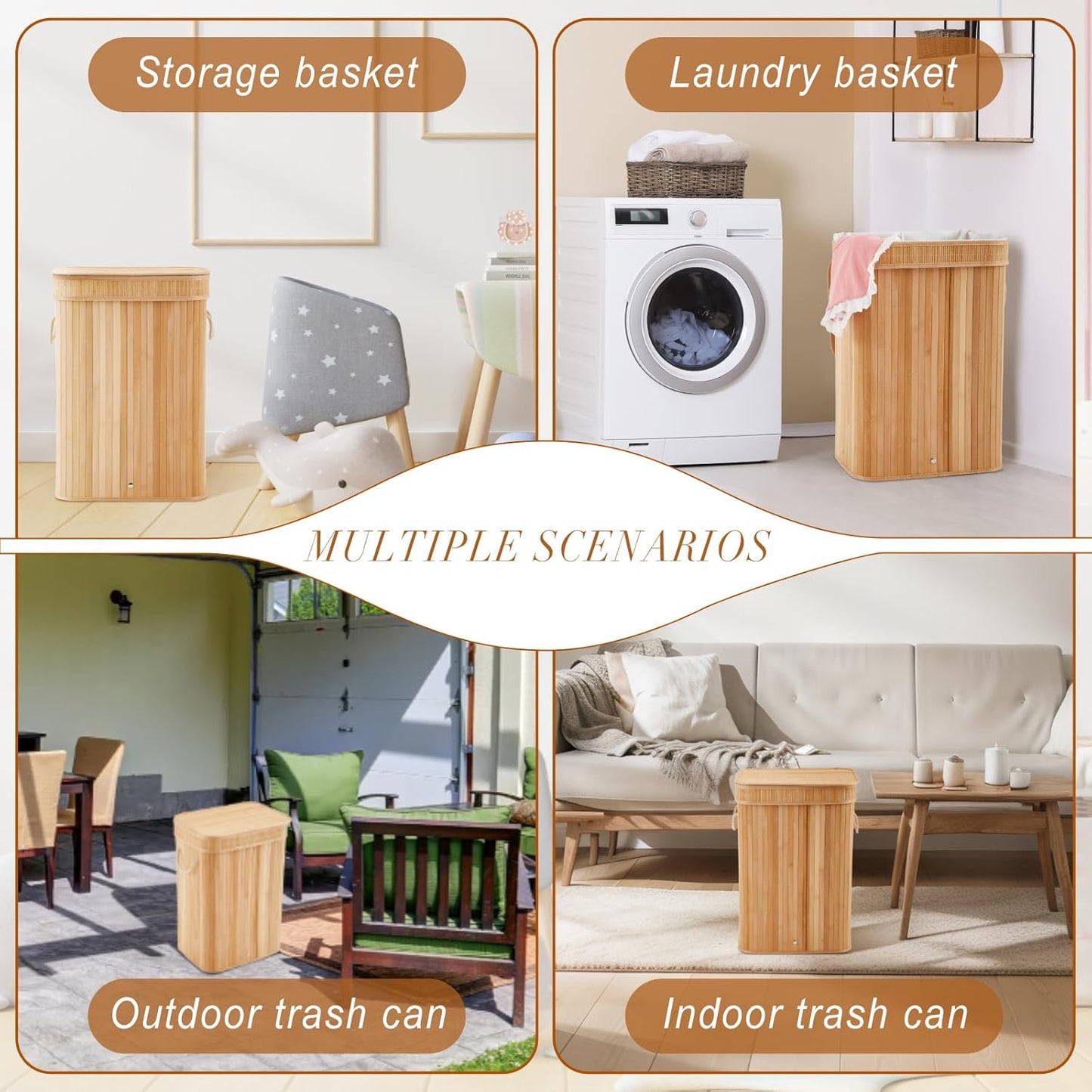 Bamboo Slim Trash Can with Lid, 21 Gallon Large Foldable Slim Rectangular Garbage Can Bamboo Waste Basket for Bathroom Bedroom Office Home Salon Spa